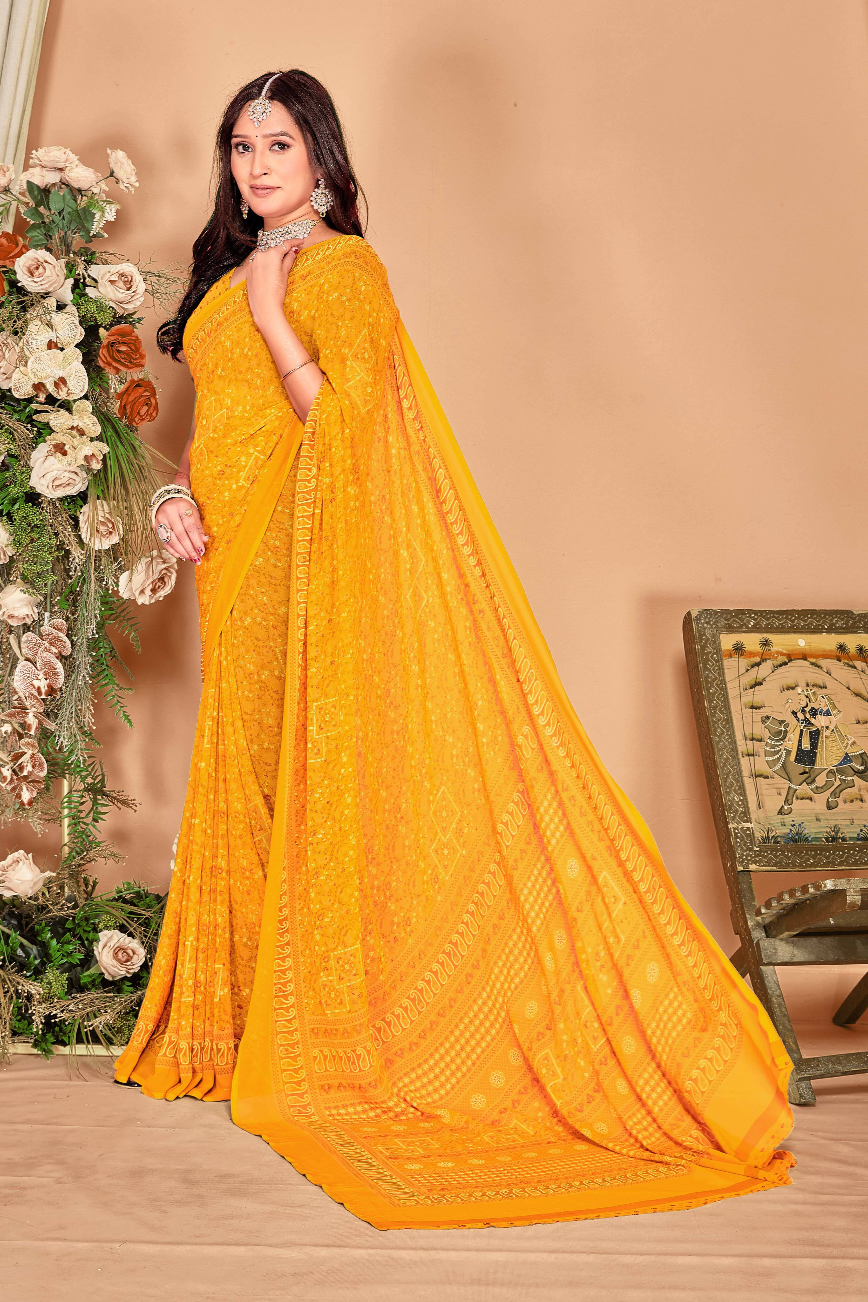 SAREEVE Chiffon Printed Saree With Unstitched Blouse Piece ( Yellow ) SAREEVE Chiffon Printed Saree With Unstitched Blouse Piece ( Yellow )