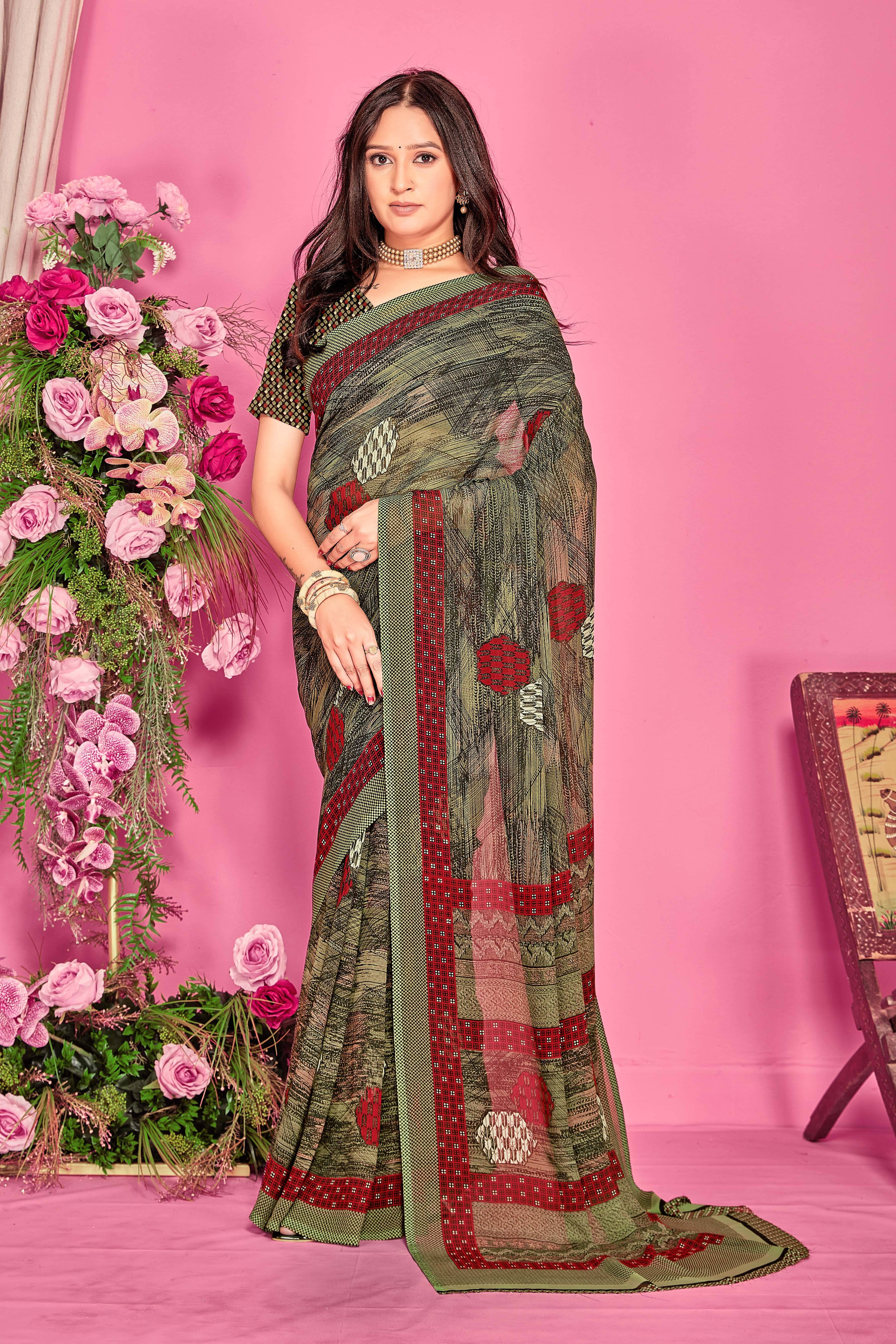 SAREEVE Chiffon Printed Saree With Unstitched Blouse Piece ( Multicolor ) SAREEVE Chiffon Printed Saree With Unstitched Blouse Piece ( Multicolor )
