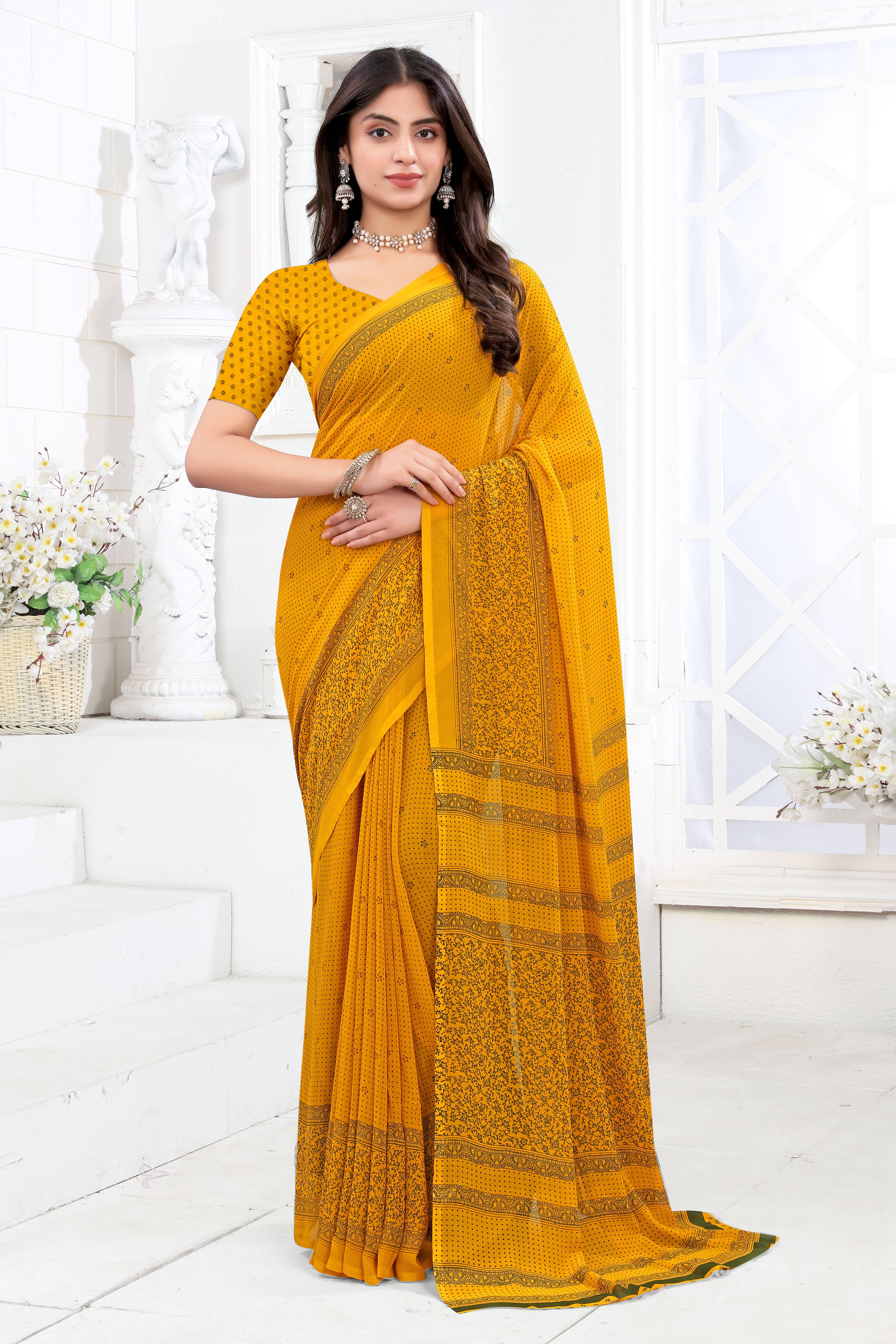 SAREEVE Chiffon Printed Saree With Unstitched Blouse Piece ( Yellow ) SAREEVE Chiffon Printed Saree With Unstitched Blouse Piece ( Yellow )