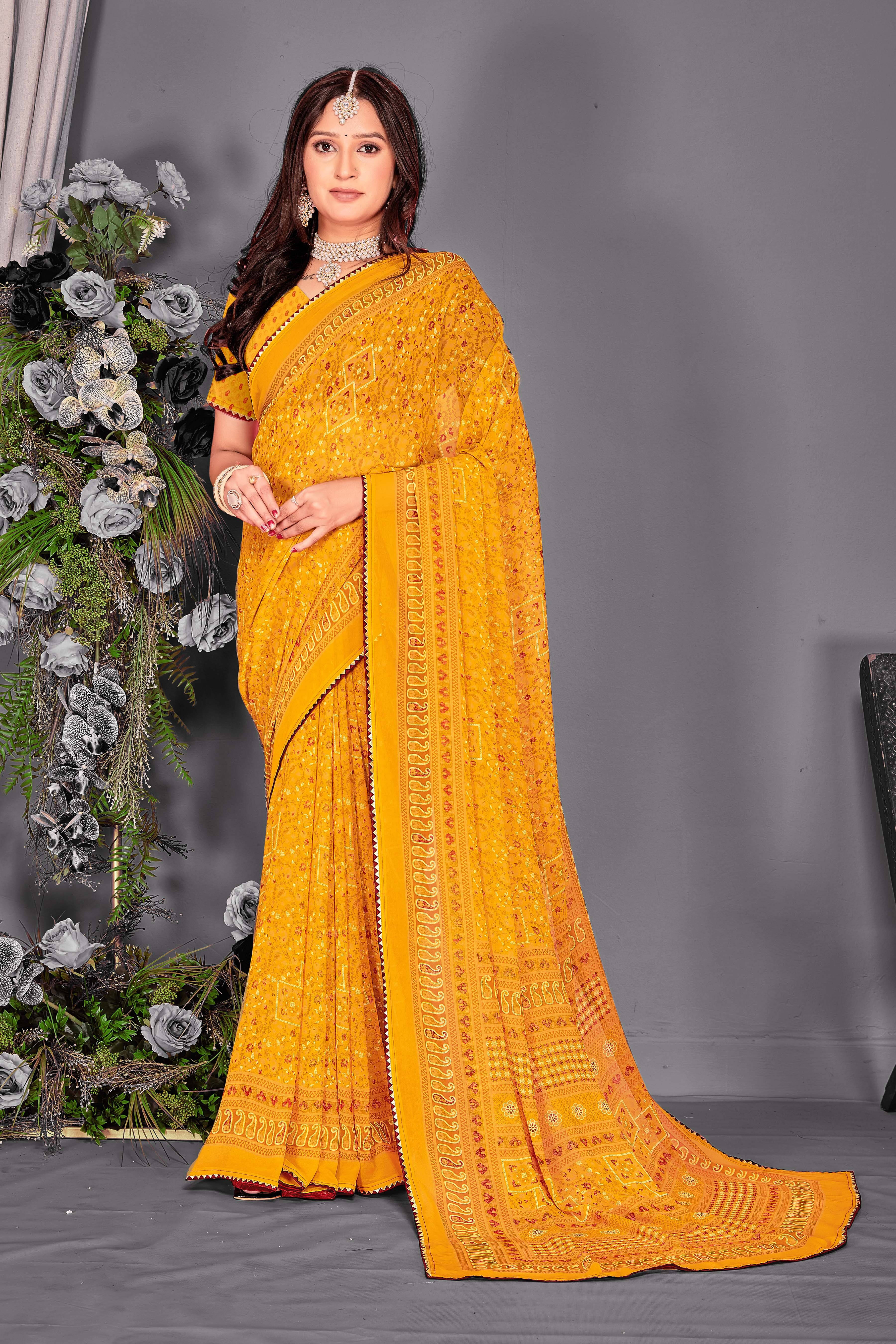     			SAREEVE Chiffon Printed Saree With Unstitched Blouse Piece ( Yellow )