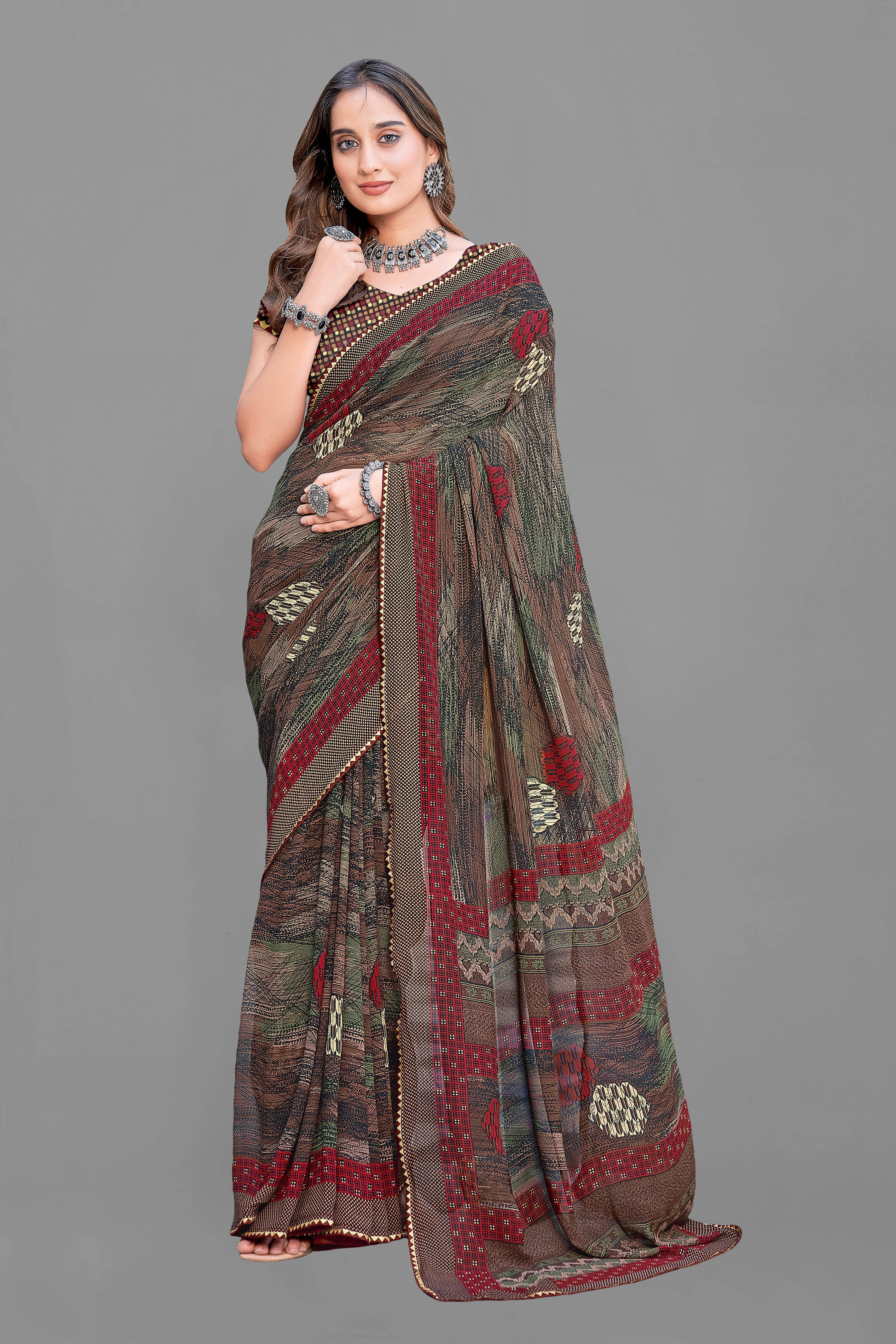     			SAREEVE Chiffon Printed Saree With Unstitched Blouse Piece ( Brown )