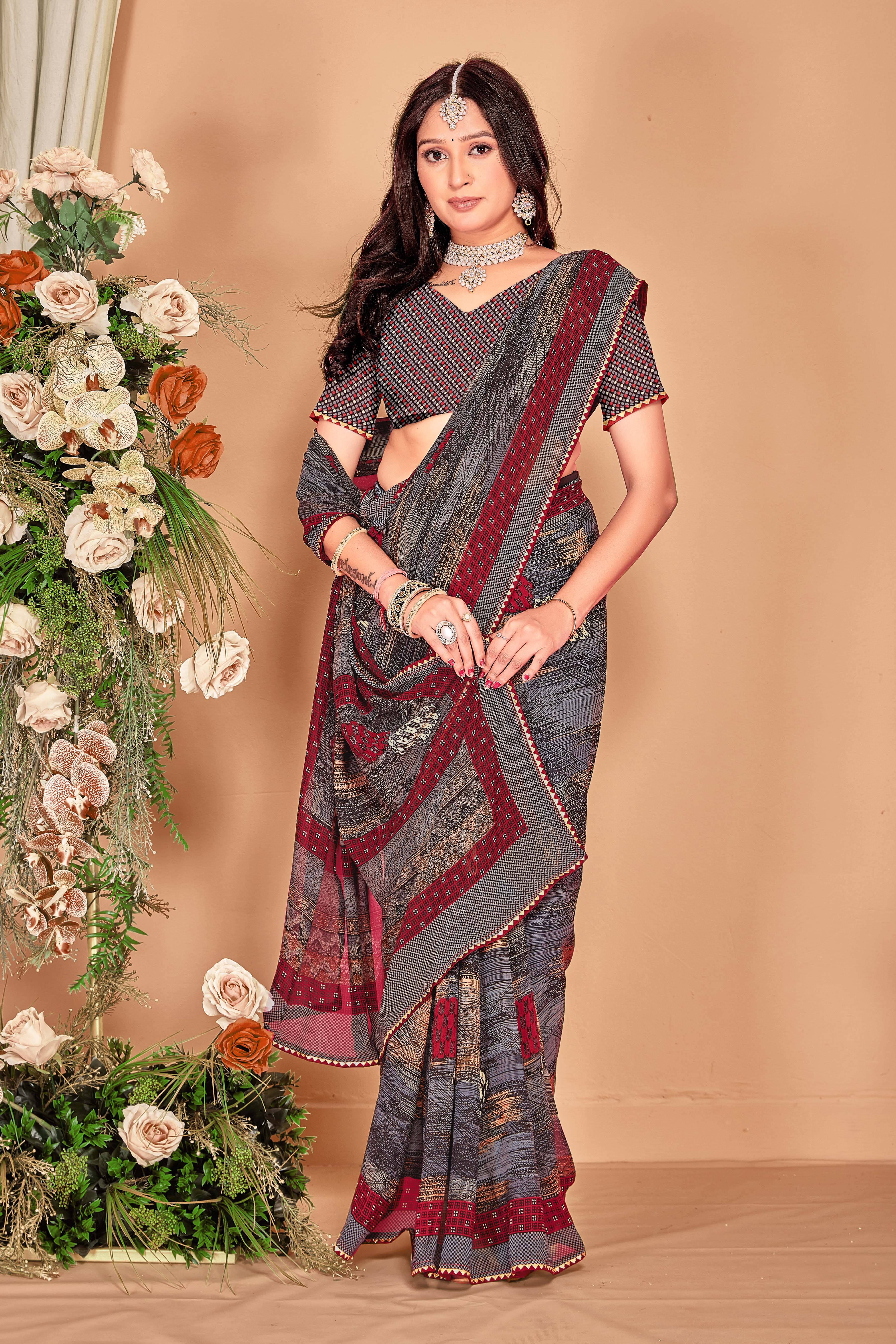 SAREEVE Chiffon Printed Saree With Unstitched Blouse Piece ( Grey ) SAREEVE Chiffon Printed Saree With Unstitched Blouse Piece ( Grey )
