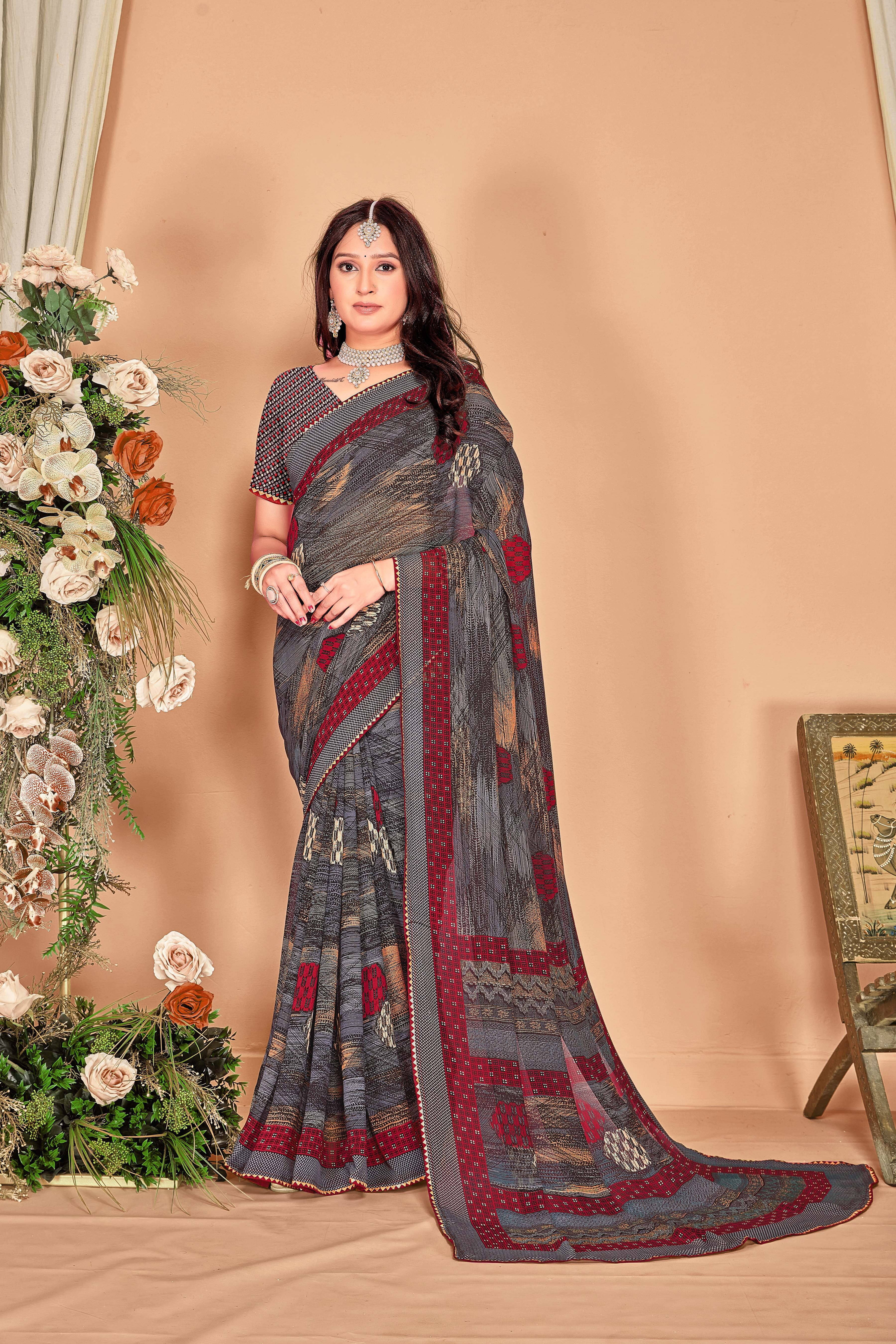     			SAREEVE Chiffon Printed Saree With Unstitched Blouse Piece ( Grey )