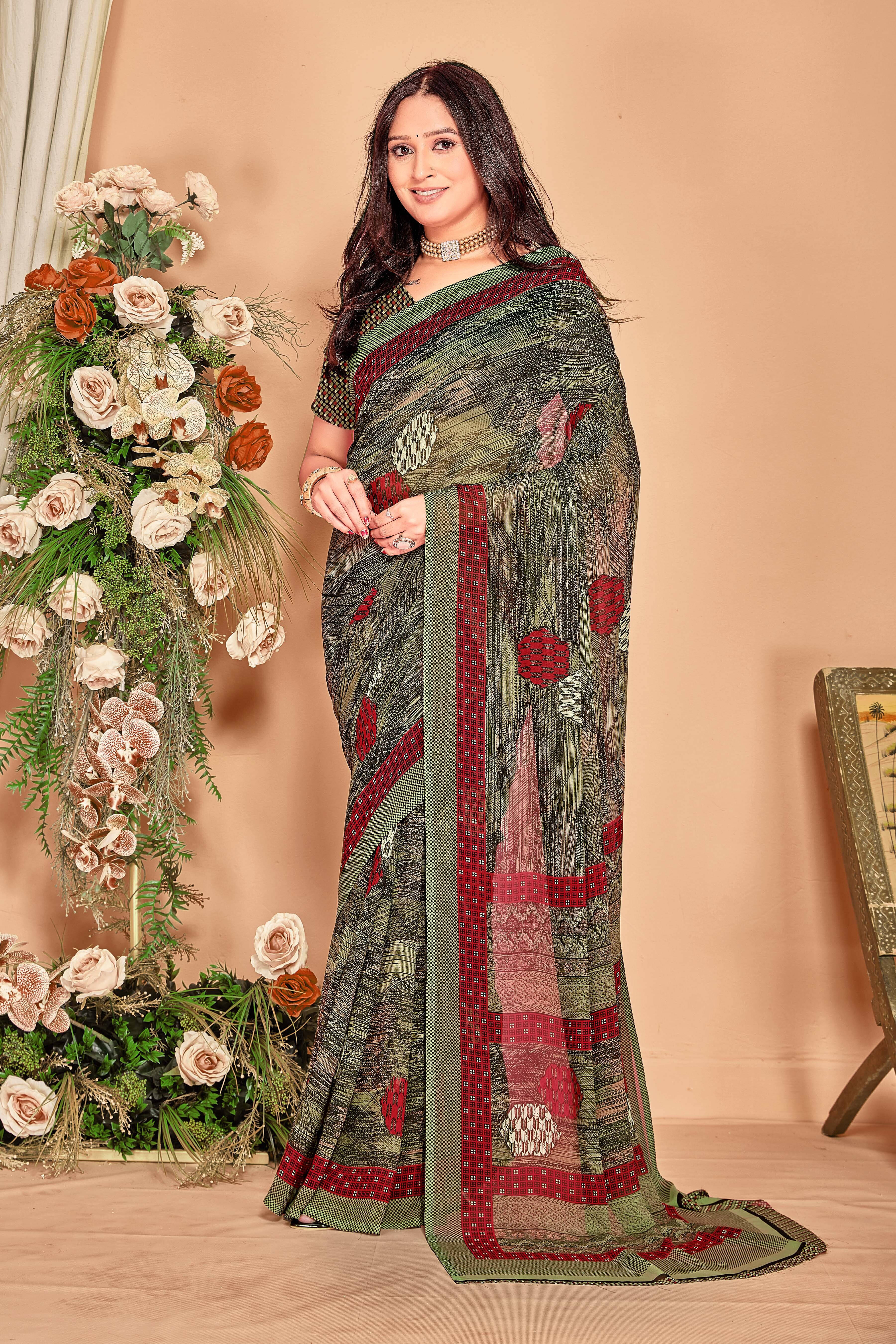 SAREEVE Chiffon Printed Saree With Unstitched Blouse Piece ( Multicolor ) SAREEVE Chiffon Printed Saree With Unstitched Blouse Piece ( Multicolor )