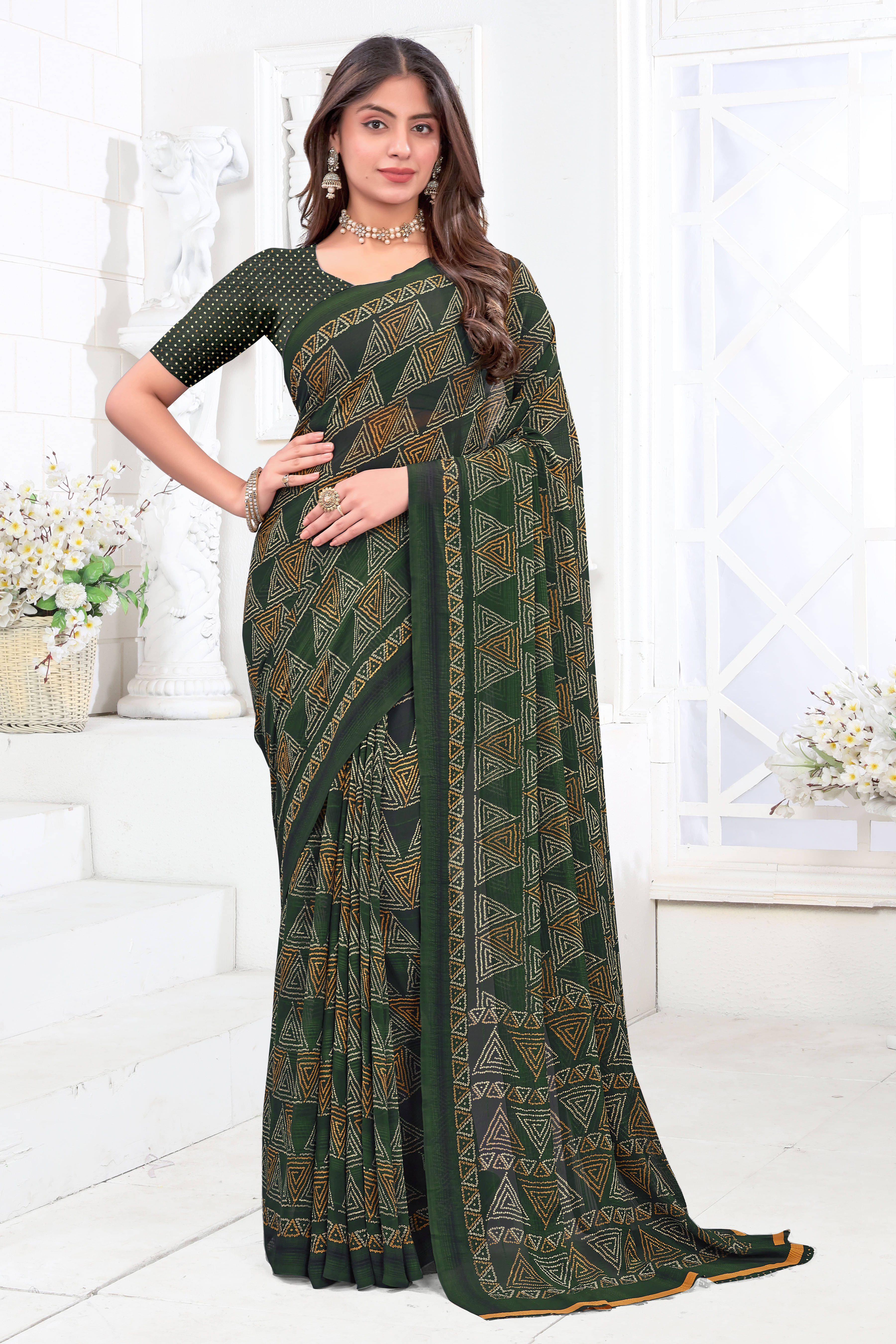     			SAREEVE Chiffon Printed Saree With Unstitched Blouse Piece ( Green )
