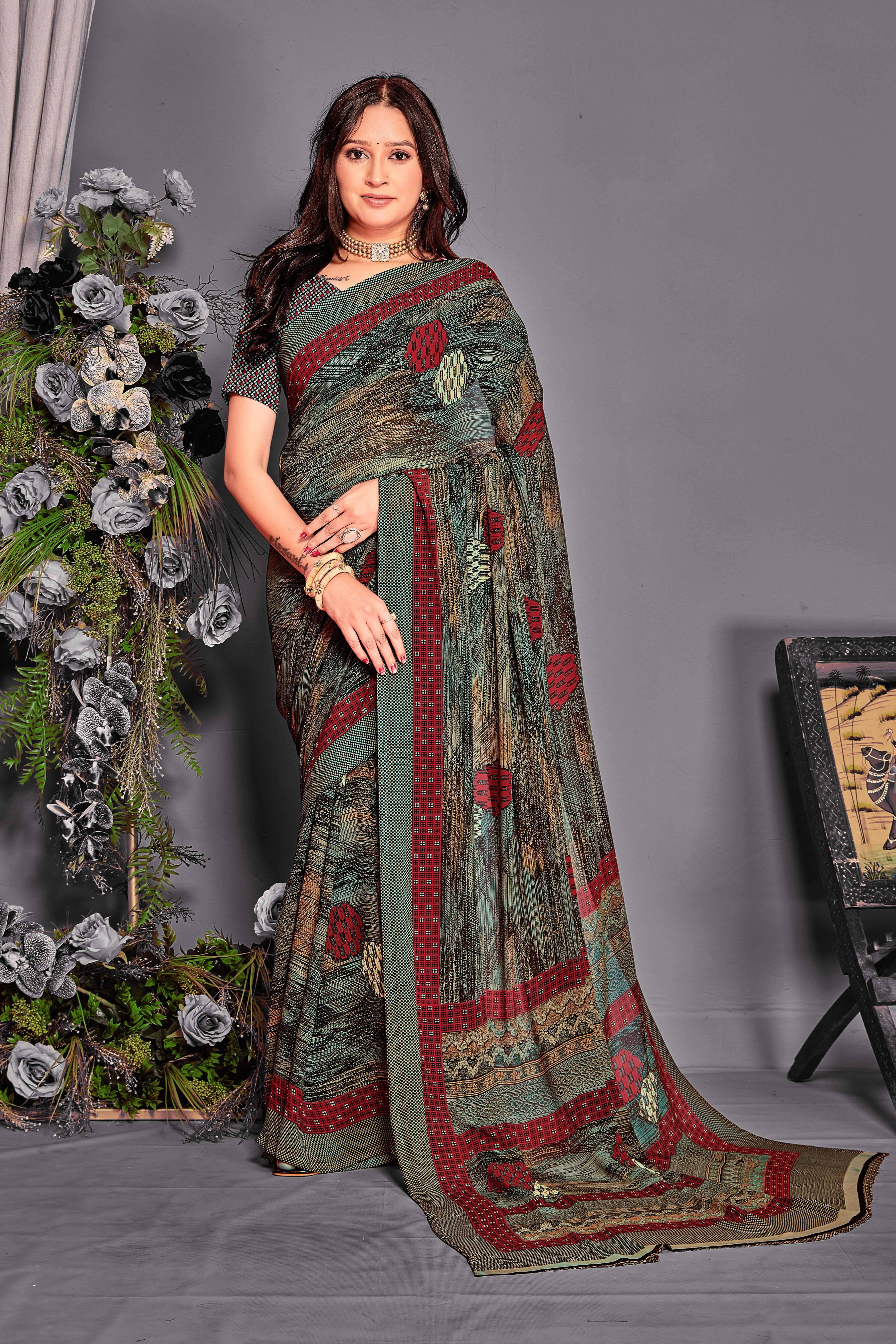     			SAREEVE Chiffon Printed Saree With Unstitched Blouse Piece ( Multicolor )