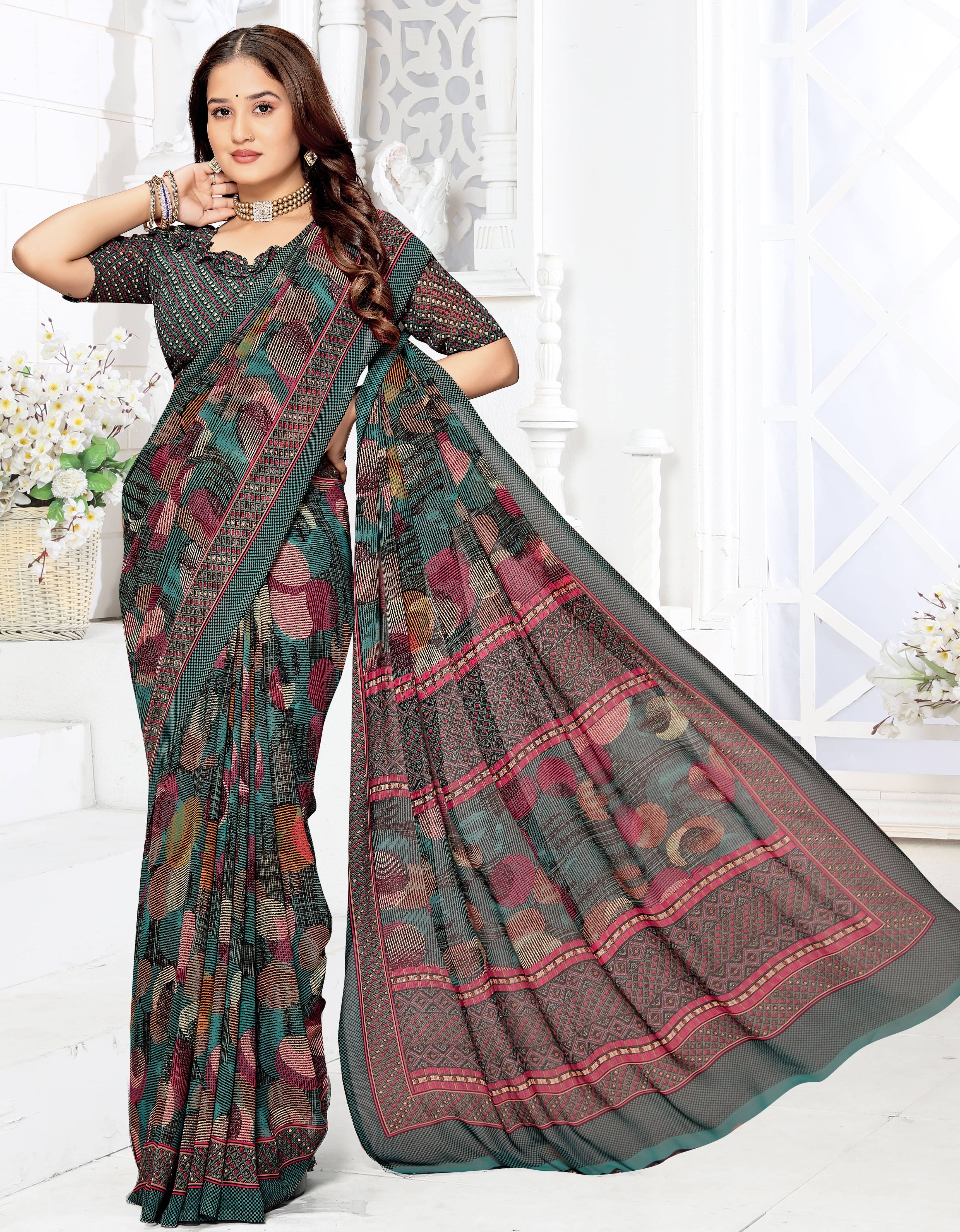 SAREEVE Chiffon Printed Saree With Unstitched Blouse Piece ( Green ) SAREEVE Chiffon Printed Saree With Unstitched Blouse Piece ( Green )
