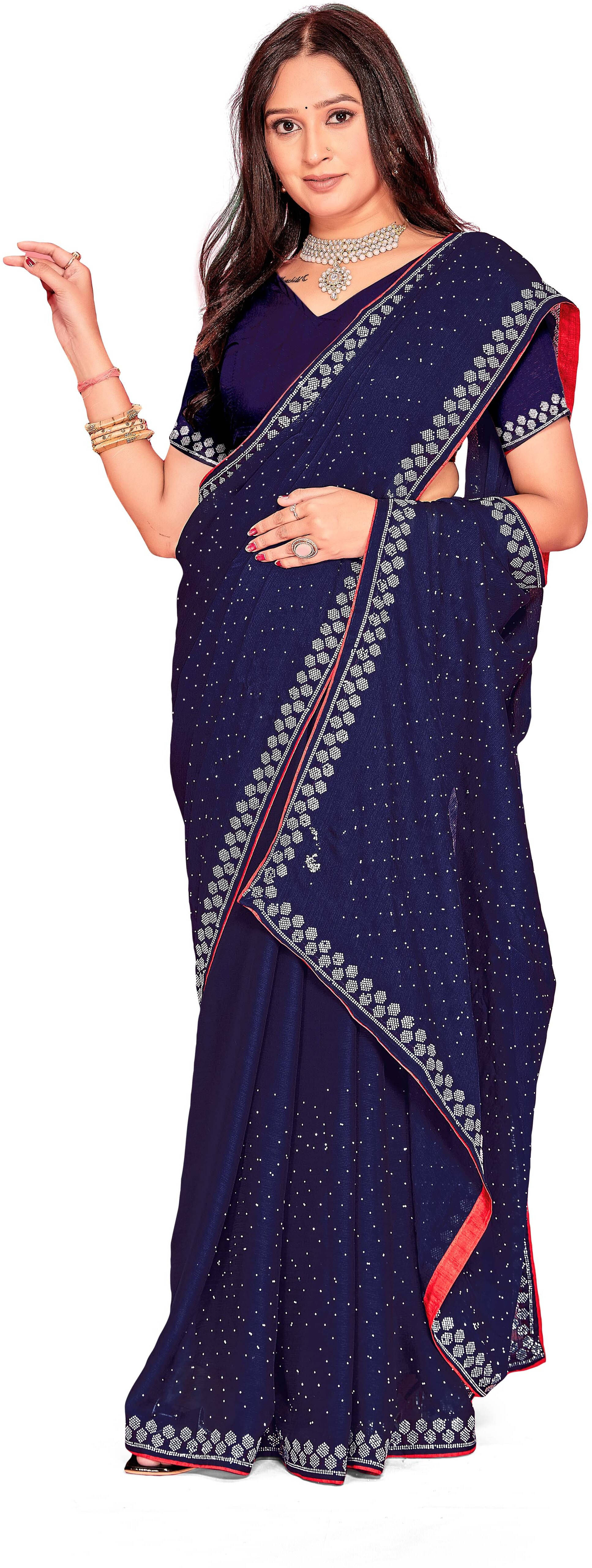     			SAREEVE Georgette Embroidered Saree With Unstitched Blouse Piece ( Navy Blue )