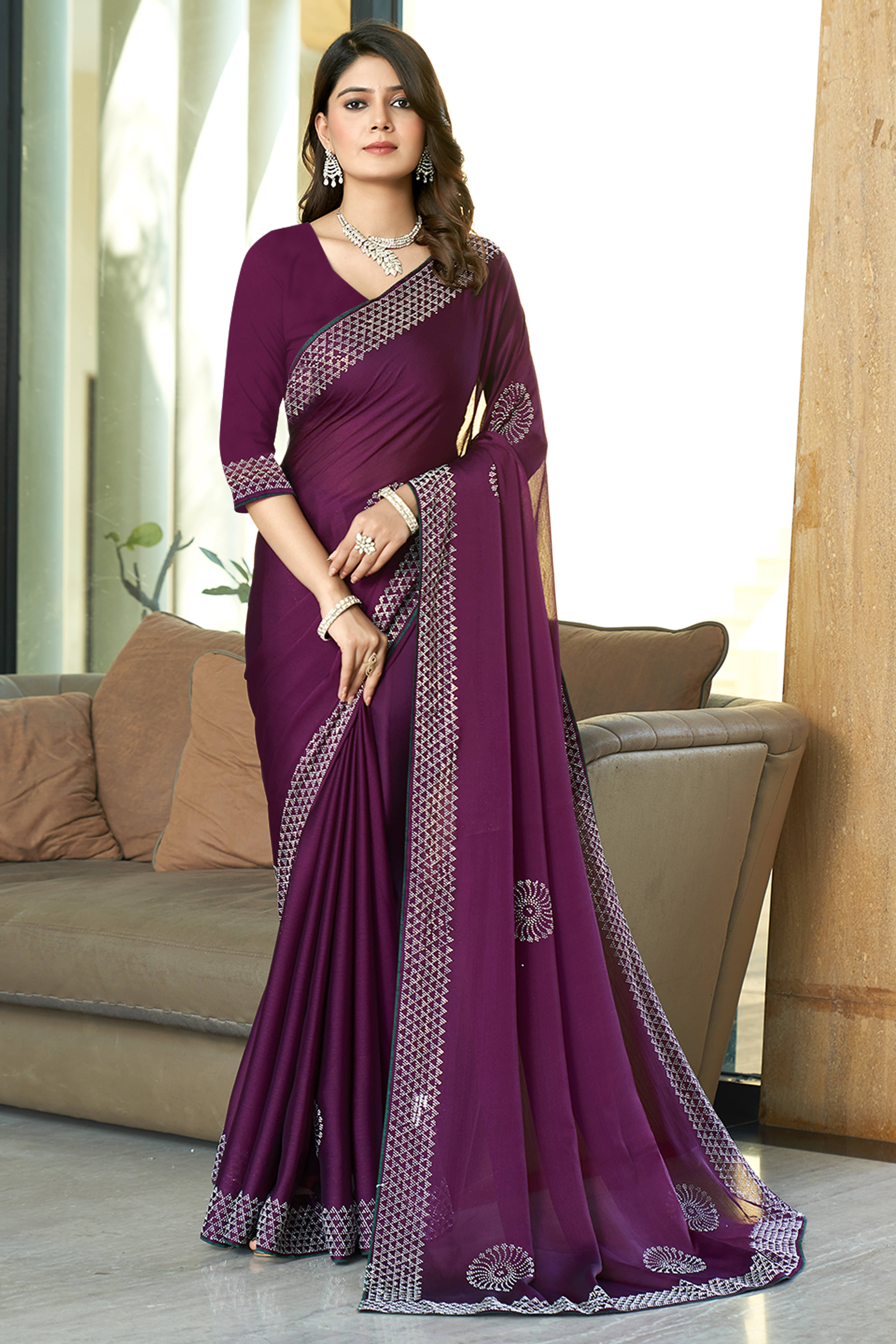 SAREEVE Georgette Embroidered Saree With Unstitched Blouse Piece ( Purple ) SAREEVE Georgette Embroidered Saree With Unstitched Blouse Piece ( Purple )