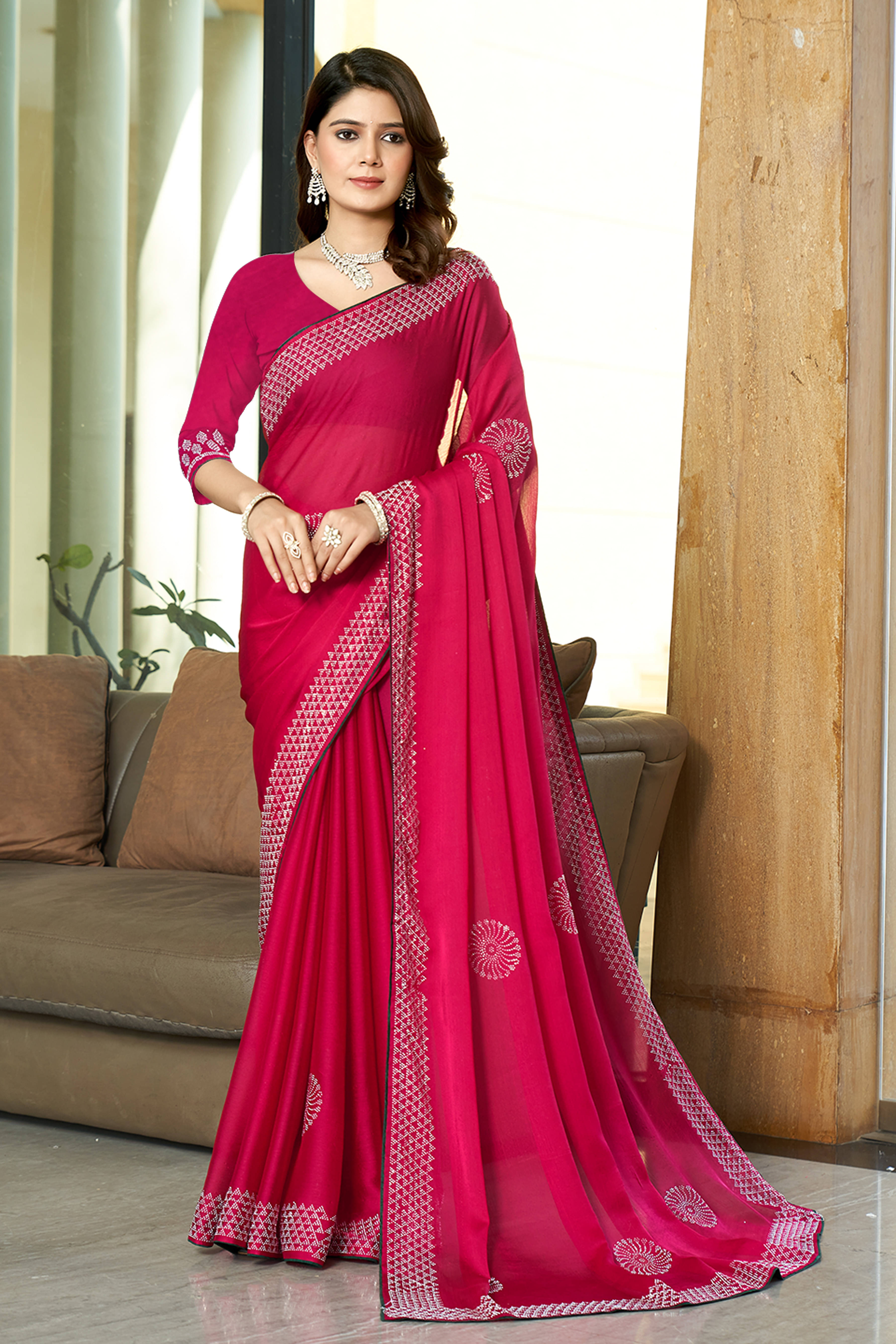 SAREEVE Georgette Embroidered Saree With Unstitched Blouse Piece ( Pink ) SAREEVE Georgette Embroidered Saree With Unstitched Blouse Piece ( Pink )
