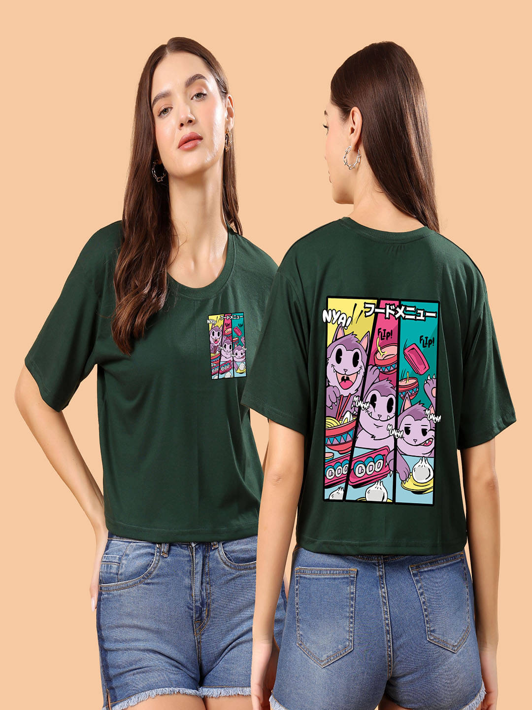 SWIFTLY Women Cotton Printed Oversized Fit Round Neck T-Shirt ( Bottle Green ) SWIFTLY Women Cotton Printed Oversized Fit Round Neck T-Shirt ( Bottle Green )