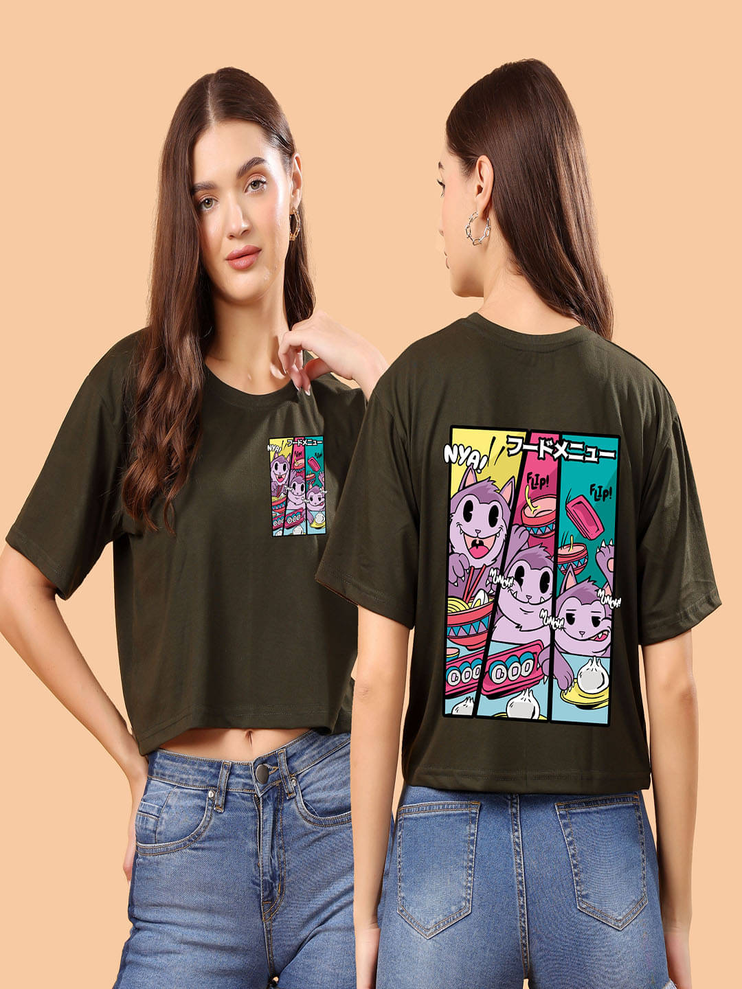 SWIFTLY Women Cotton Printed Oversized Fit Round Neck T-Shirt ( Olive ) SWIFTLY Women Cotton Printed Oversized Fit Round Neck T-Shirt ( Olive )