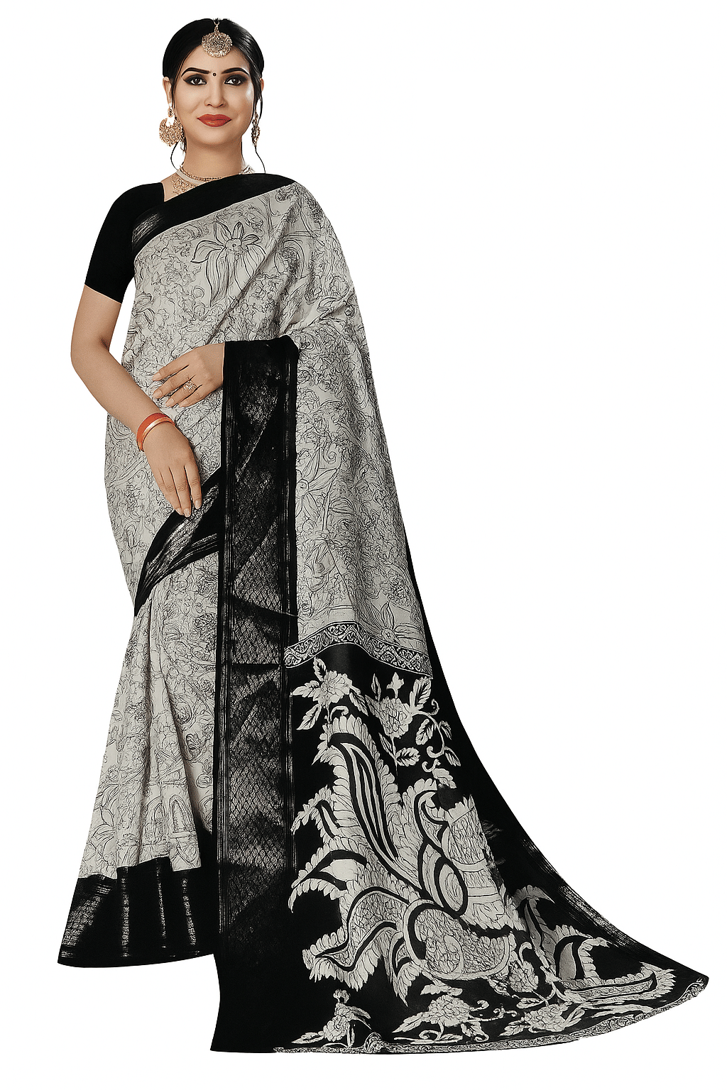     			Skandas Trendz Silk Blend Printed Saree With Unstitched Blouse Piece ( Black,Cream )