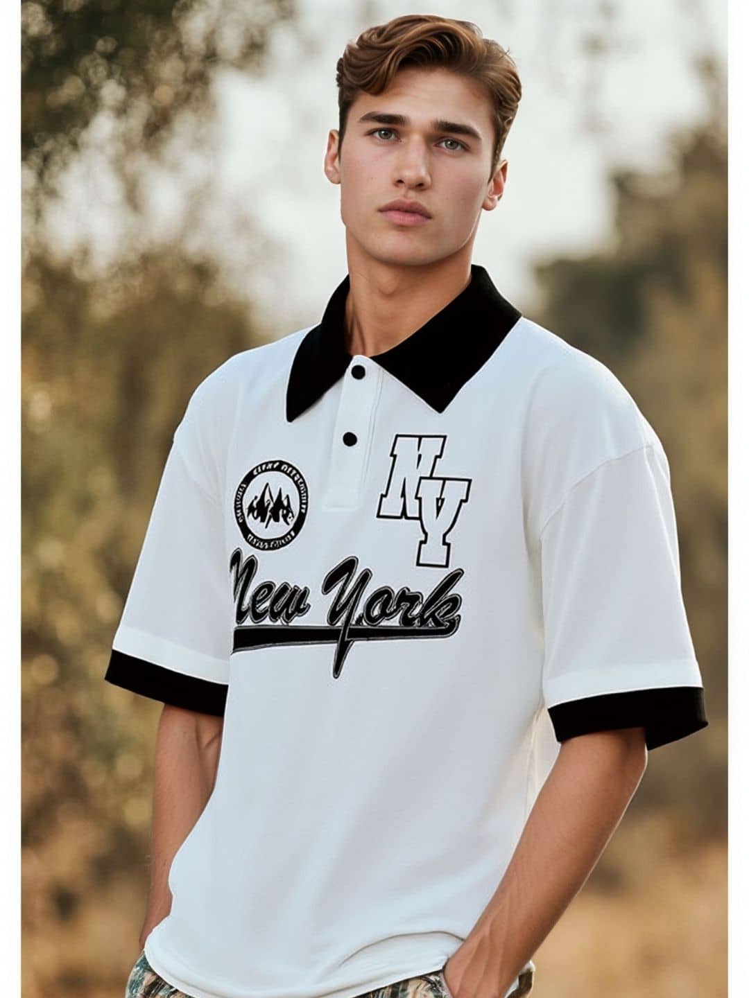 TAZO Men Cotton Blend Oversized Fit Printed Polo T Shirt ( White )