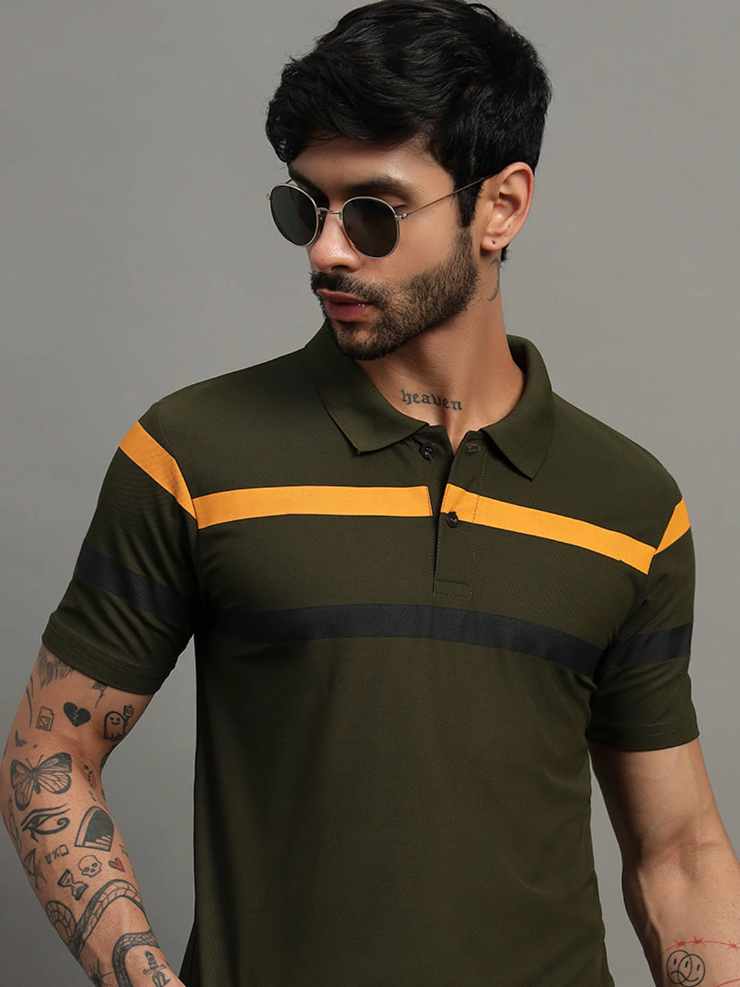     			TIMBER HITCH Men Cotton Blend Regular Fit Striped Polo T Shirt ( Green )
