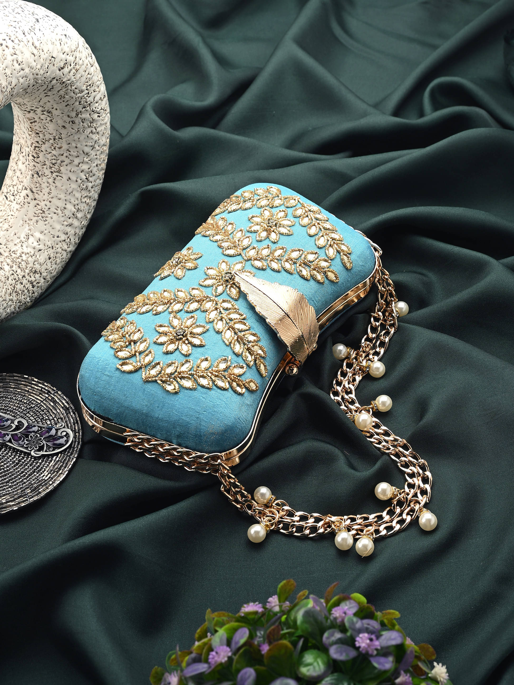     			Tooba Handicraft Blue Fabric Box Clutch