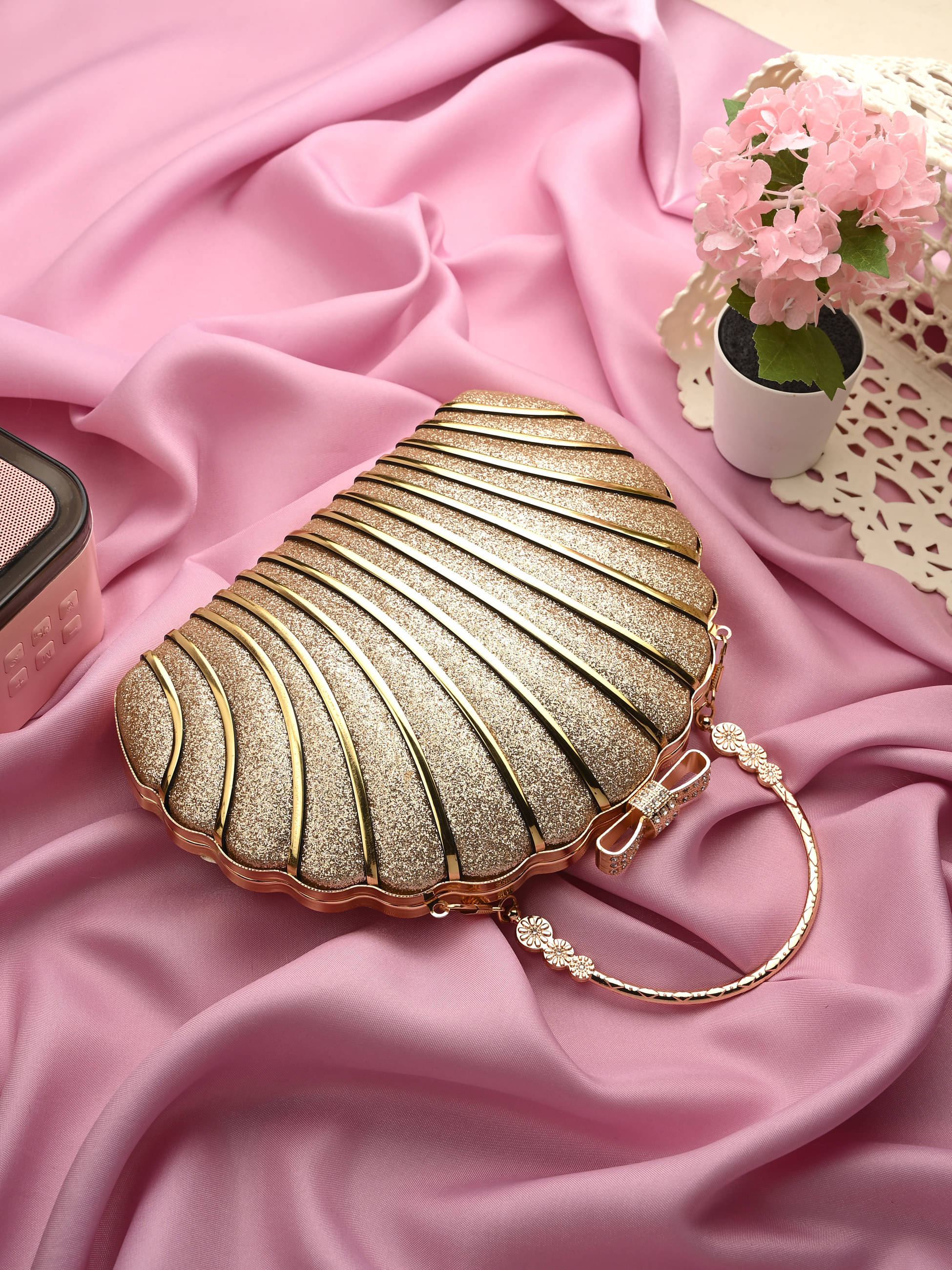     			Tooba Handicraft Gold Fabric Box Clutch
