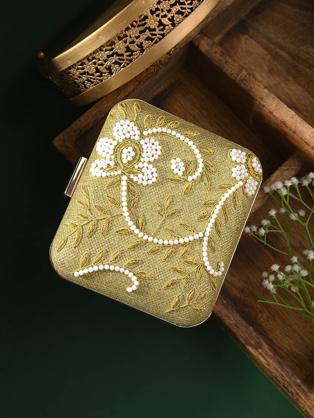     			Tooba Handicraft Gold Fabric Box Clutch