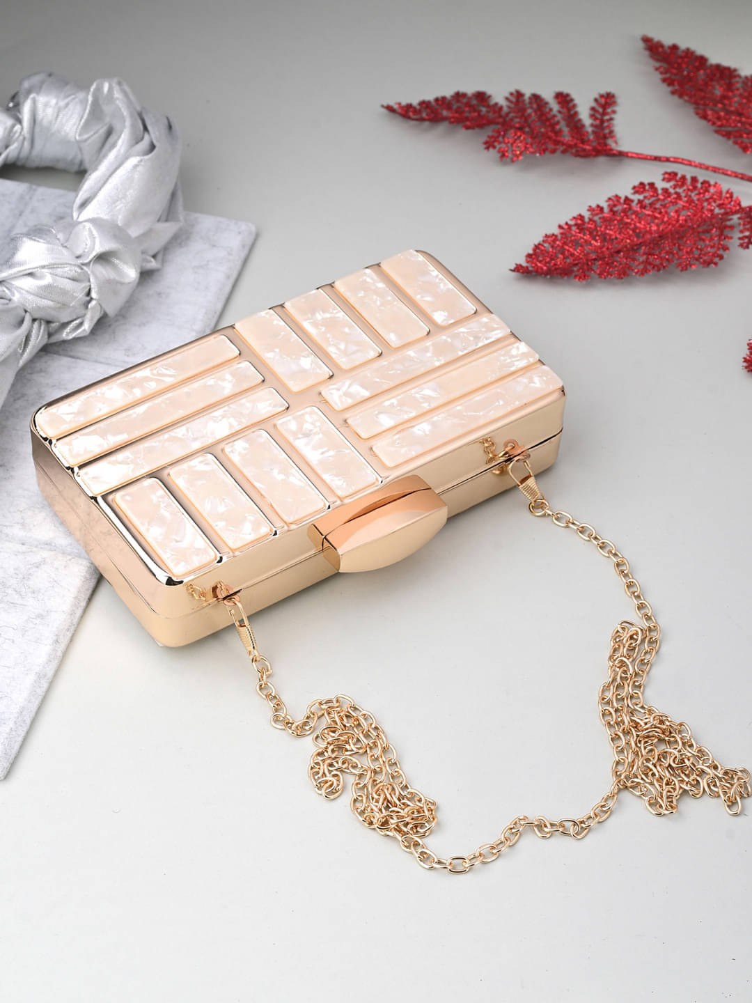     			Tooba Handicraft Gold Fabric Box Clutch