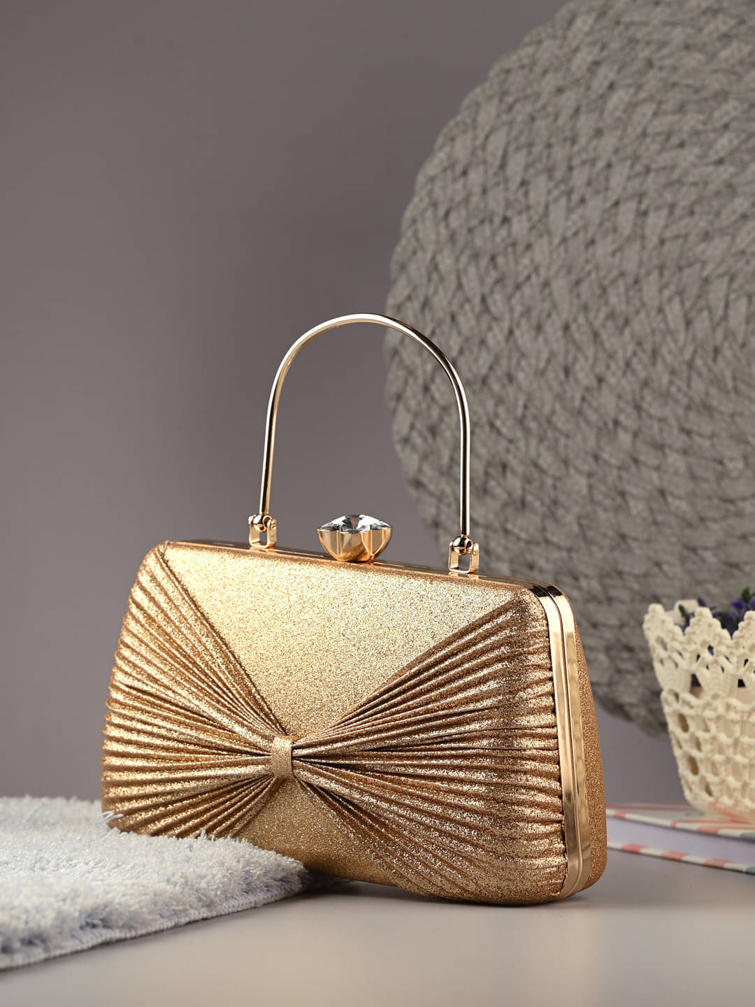     			Tooba Handicraft Gold Fabric Box Clutch