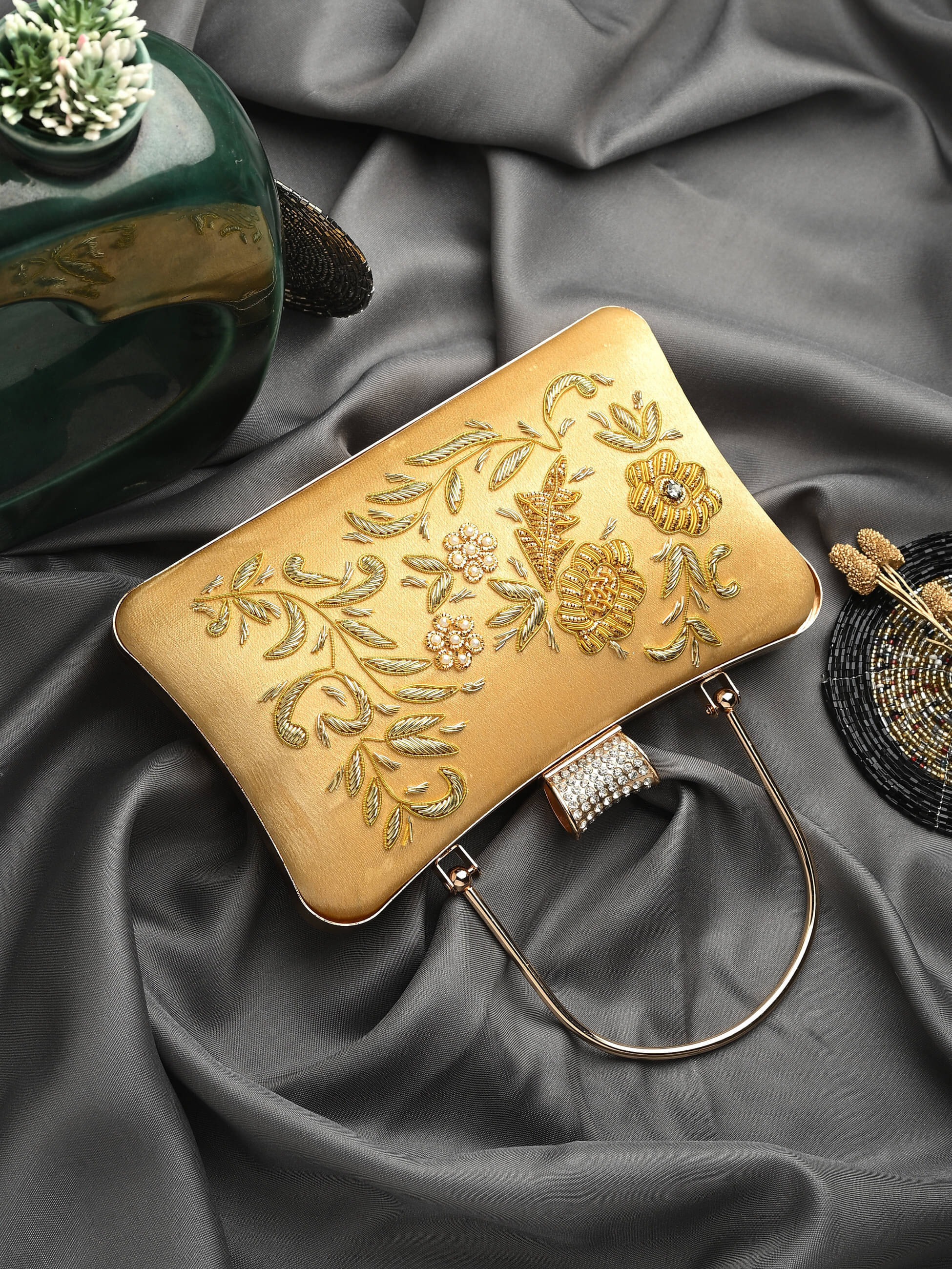     			Tooba Handicraft Gold Fabric Box Clutch