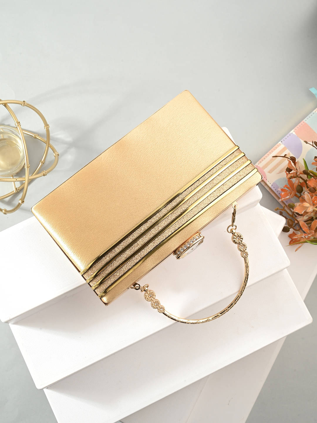     			Tooba Handicraft Gold Fabric Box Clutch