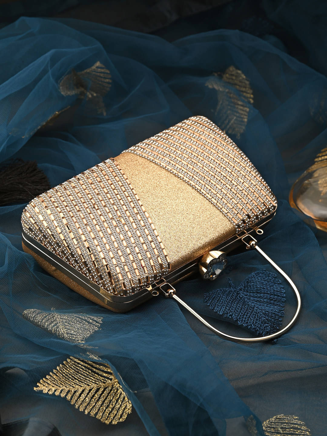     			Tooba Handicraft Gold Fabric Box Clutch
