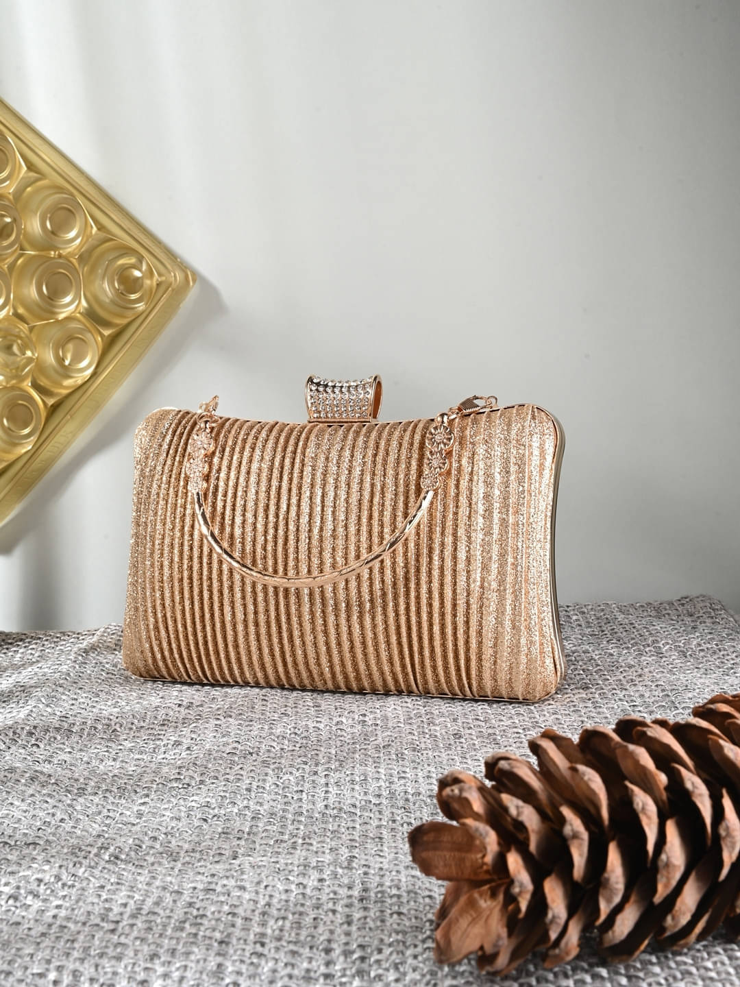     			Tooba Handicraft Gold Fabric Box Clutch