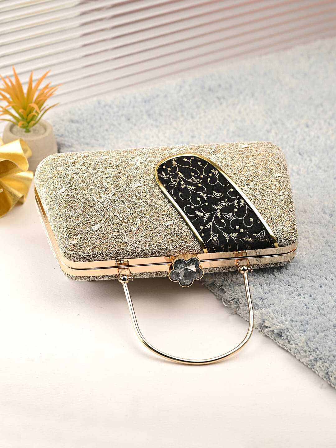     			Tooba Handicraft Gold Fabric Box Clutch