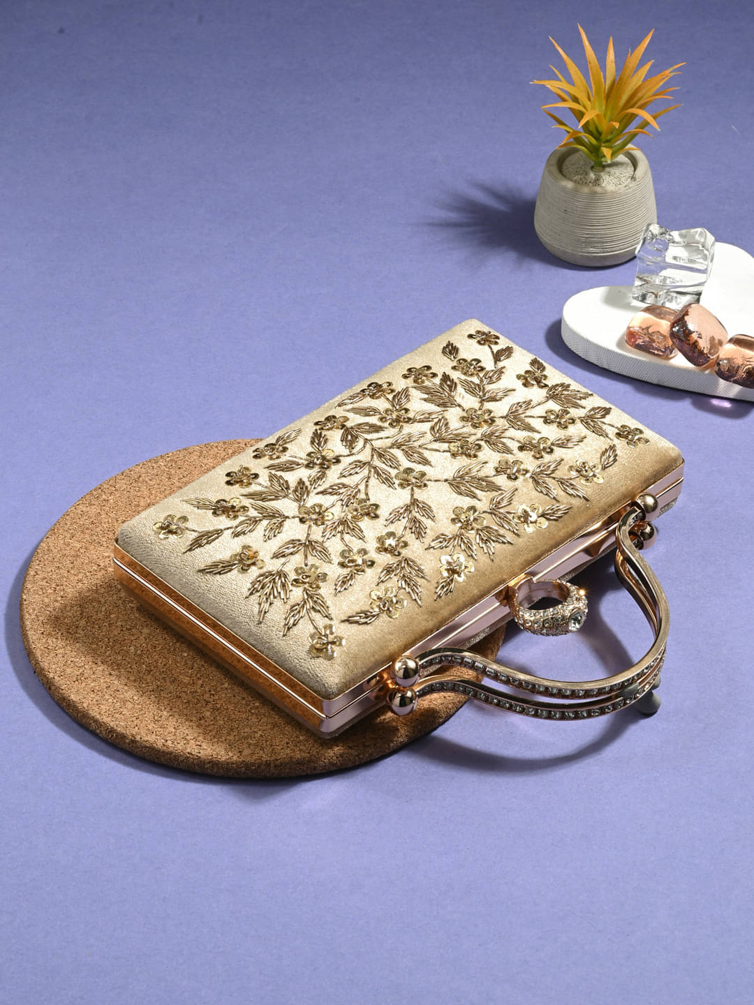     			Tooba Handicraft Gold Fabric Box Clutch