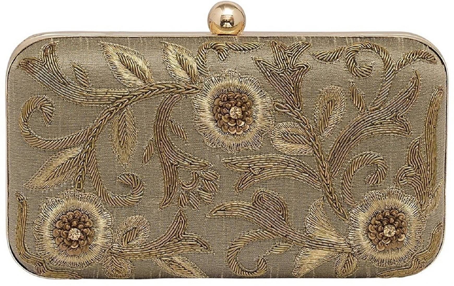     			Tooba Handicraft Gold Fabric Box Clutch