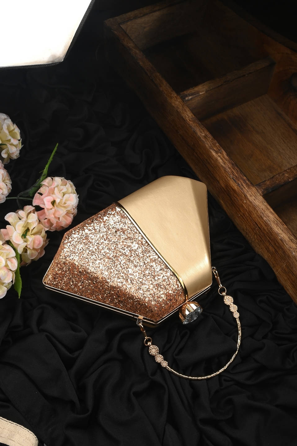     			Tooba Handicraft Gold Fabric Box Clutch