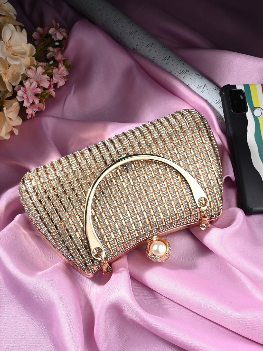     			Tooba Handicraft Gold Fabric Box Clutch
