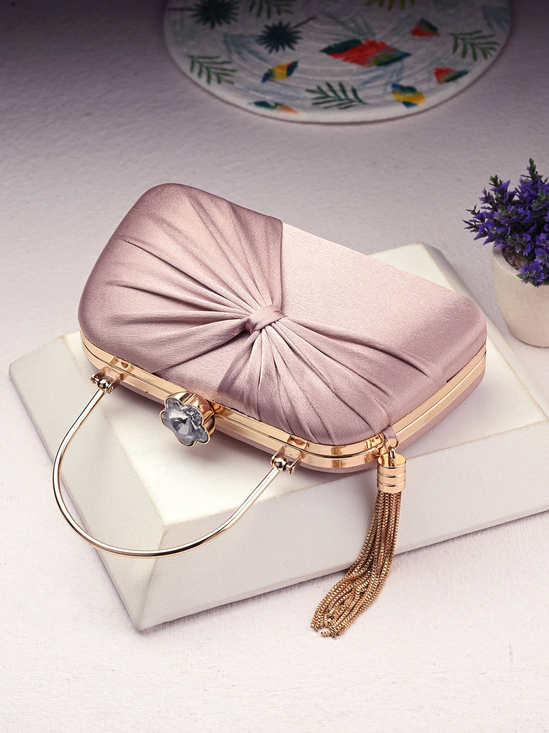     			Tooba Handicraft Gold Fabric Box Clutch