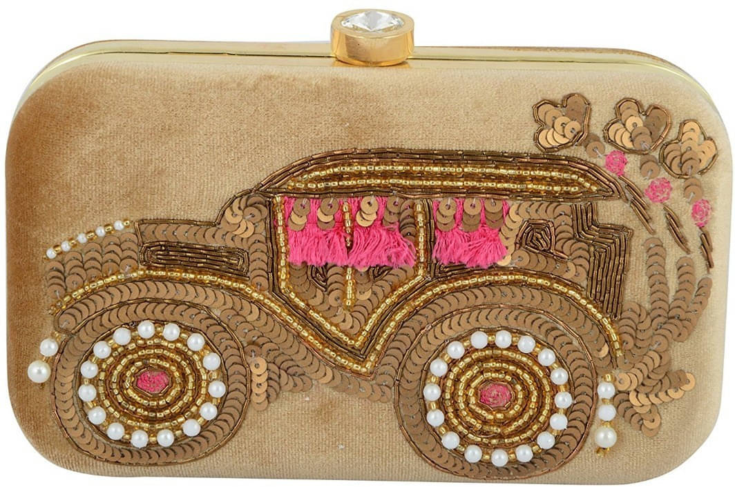     			Tooba Handicraft Gold Fabric Box Clutch