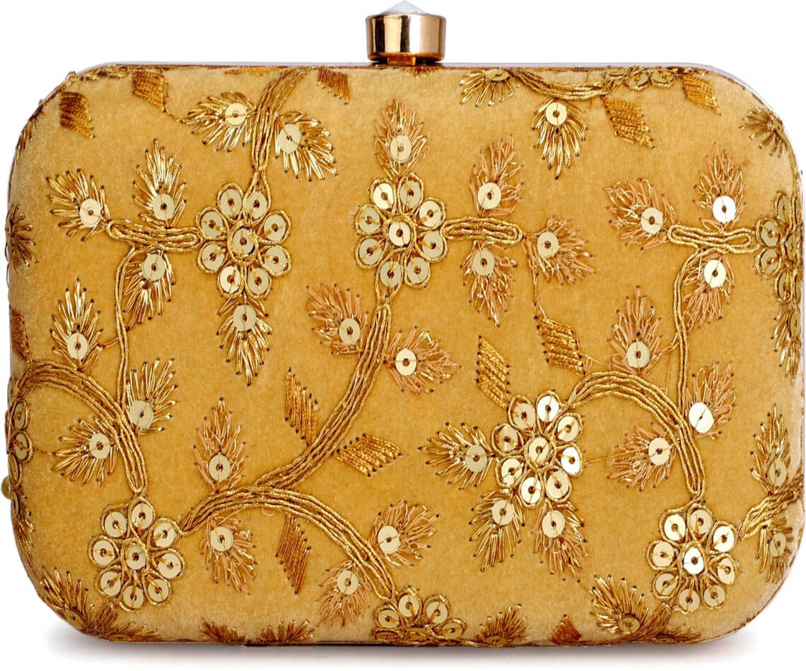     			Tooba Handicraft Gold Fabric Box Clutch