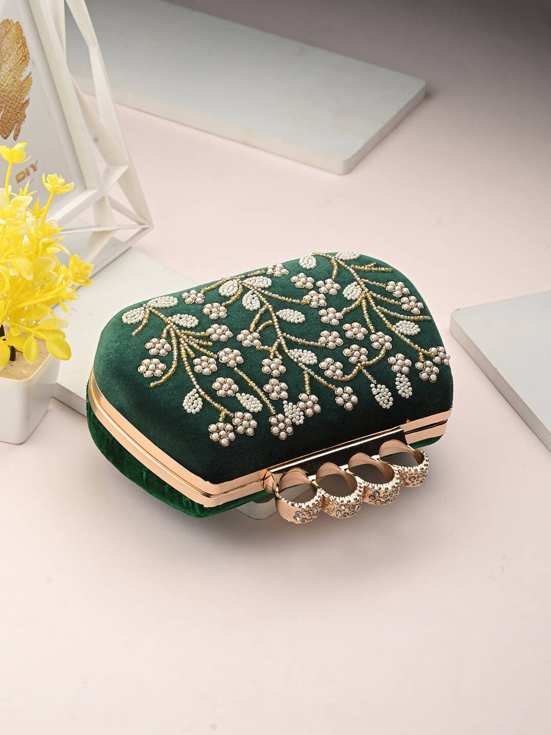     			Tooba Handicraft Green Fabric Box Clutch