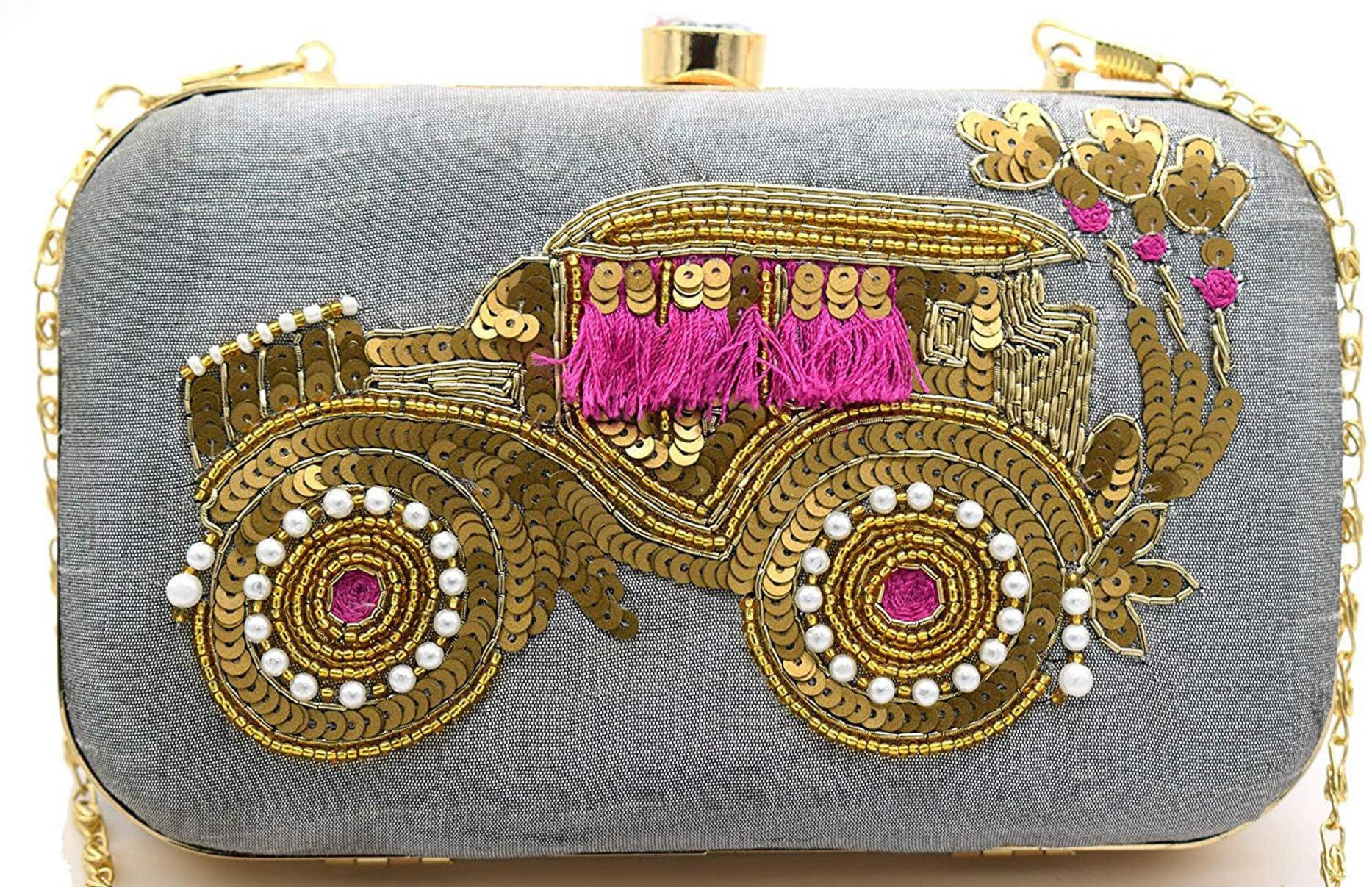     			Tooba Handicraft Grey Melange Fabric Box Clutch
