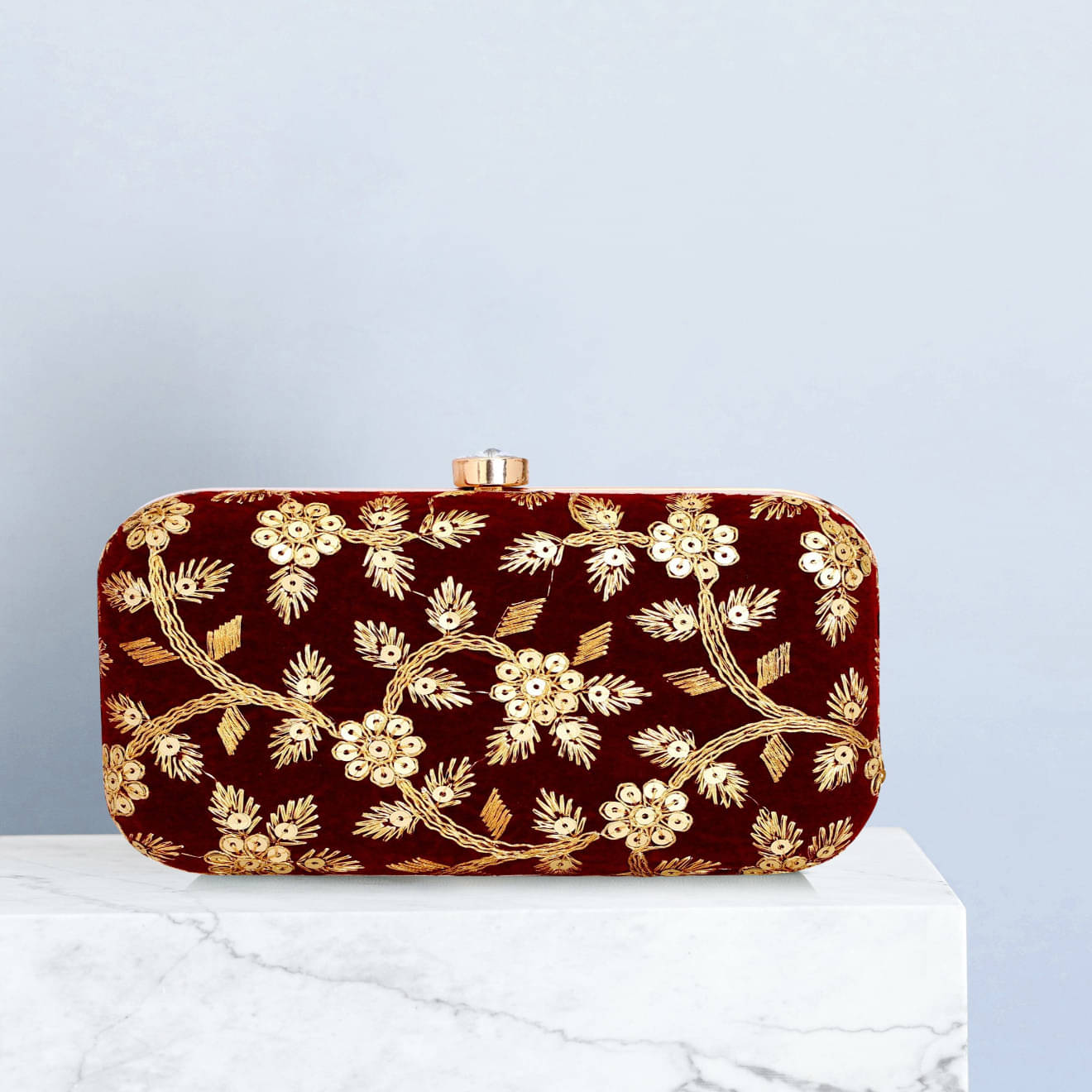     			Tooba Handicraft Maroon Fabric Box Clutch