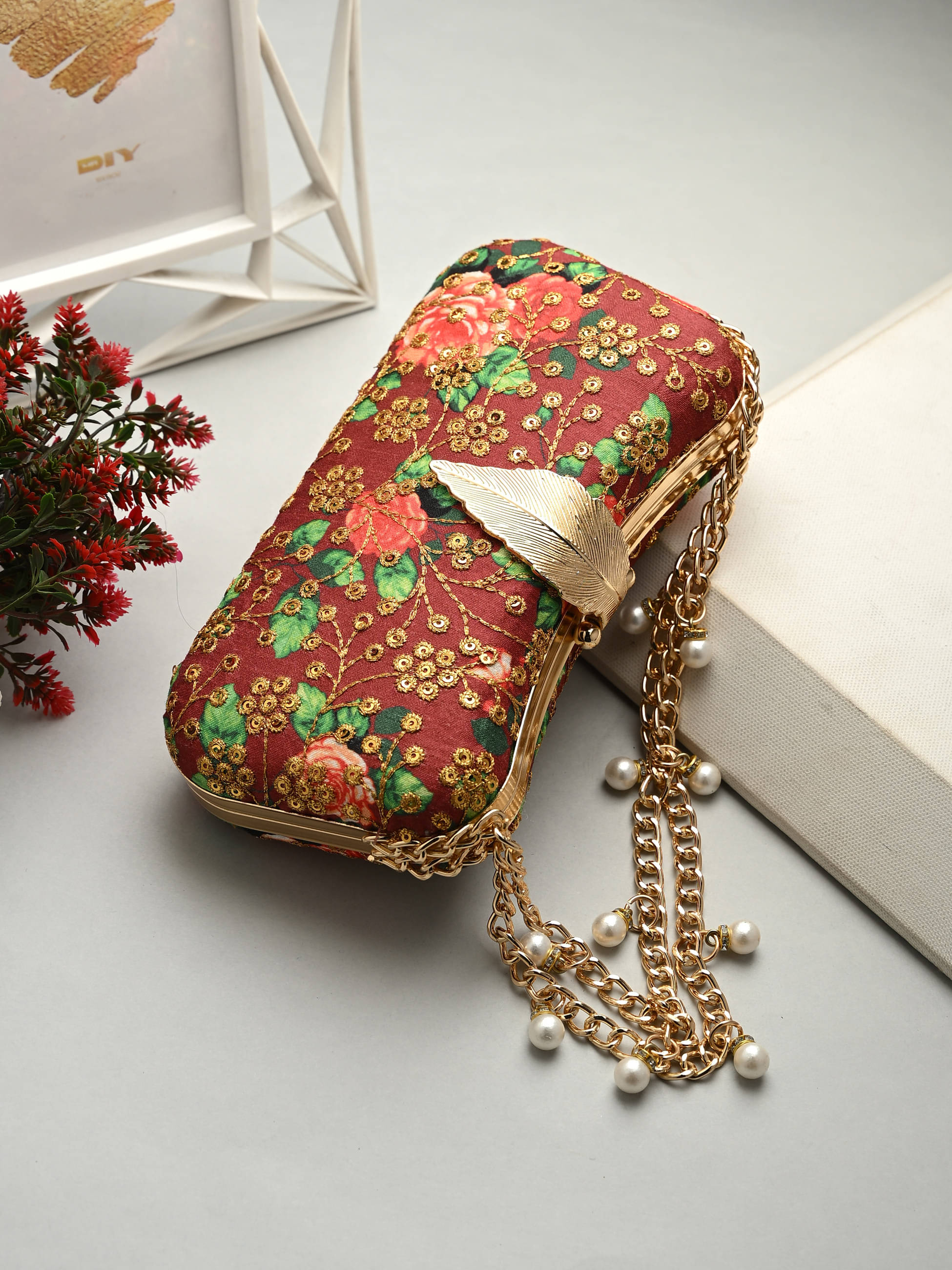     			Tooba Handicraft Maroon Fabric Box Clutch