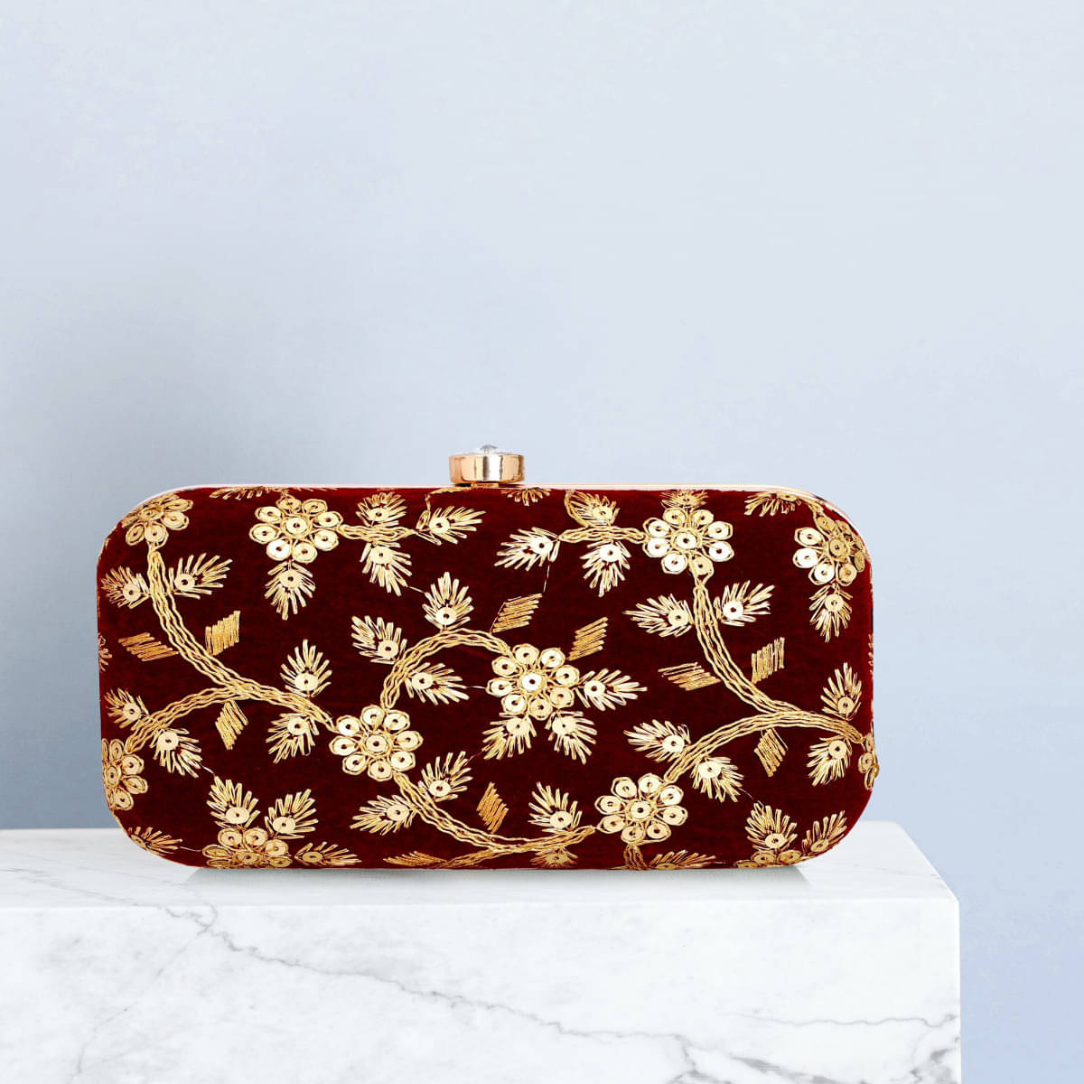     			Tooba Handicraft Maroon Fabric Box Clutch