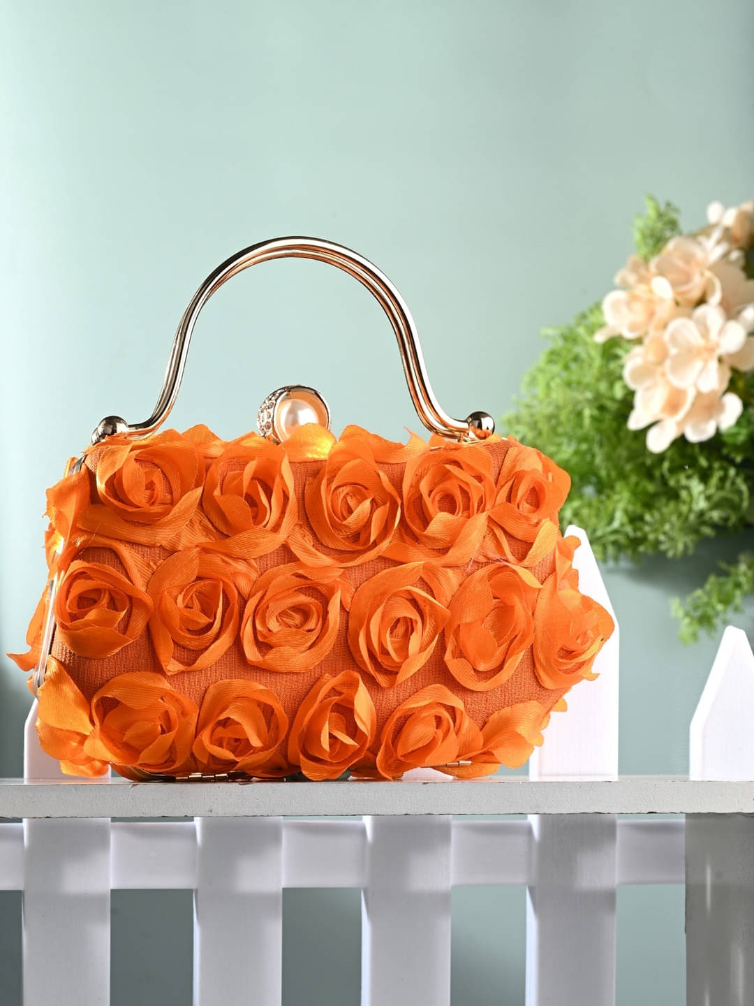     			Tooba Handicraft Orange Fabric Box Clutch