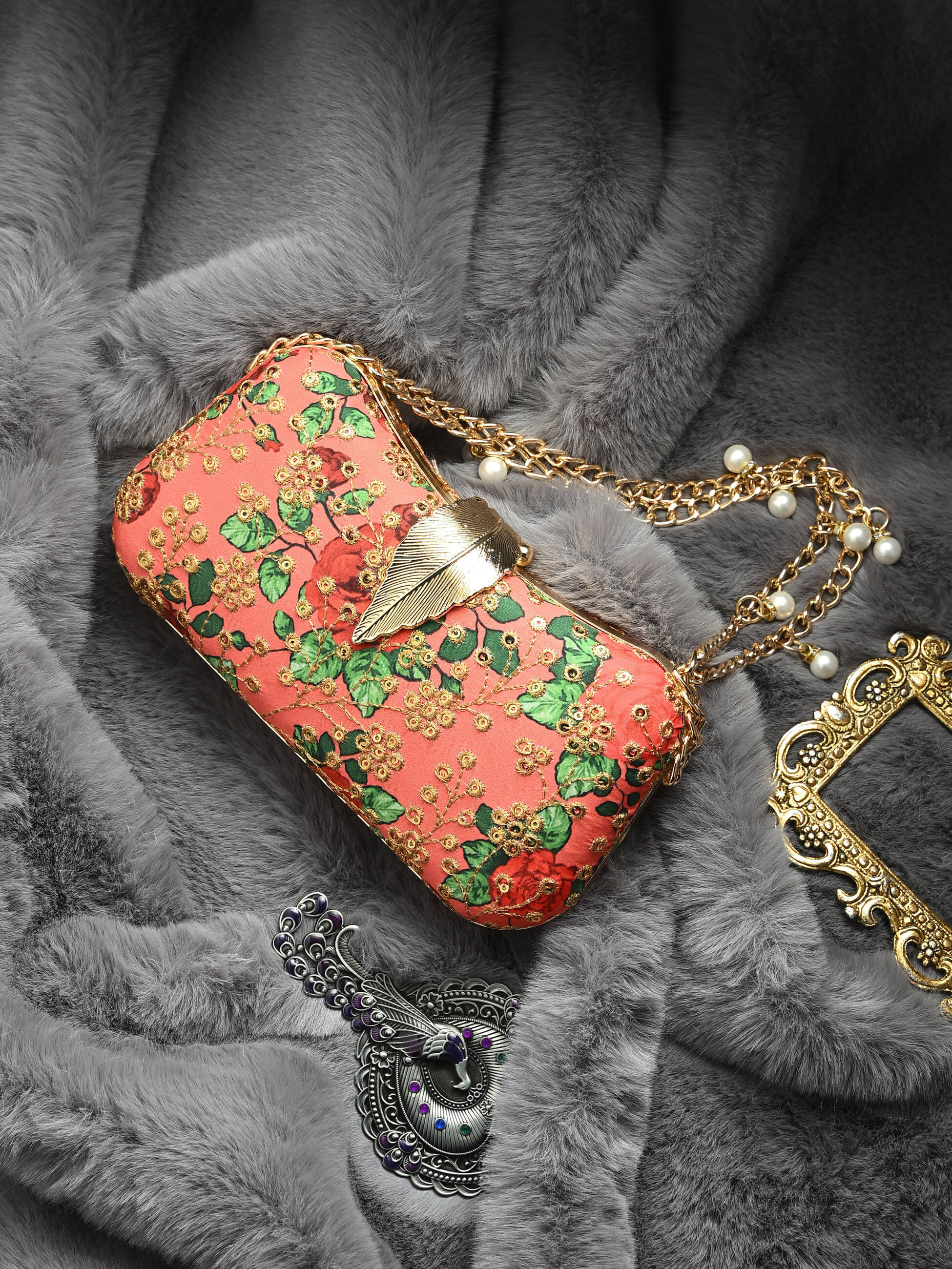     			Tooba Handicraft Peach Fabric Box Clutch