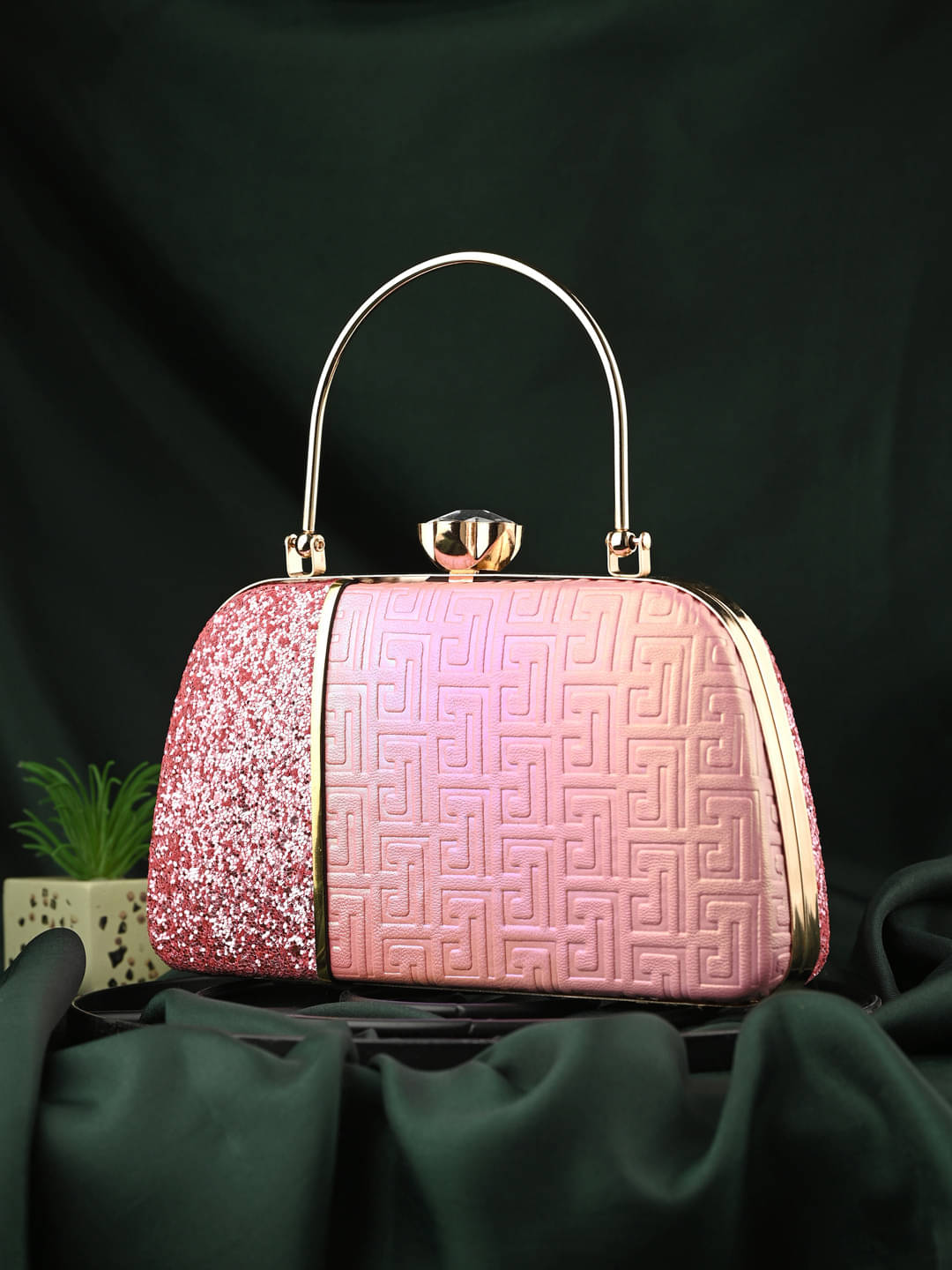     			Tooba Handicraft Pink Fabric Box Clutch