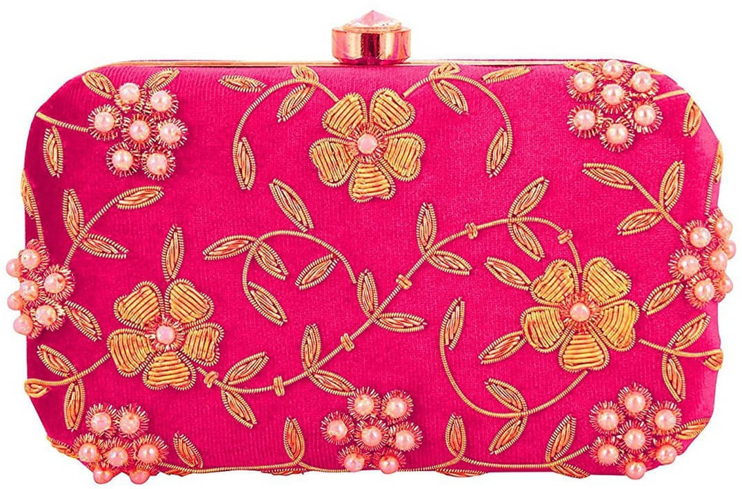    			Tooba Handicraft Pink Fabric Box Clutch
