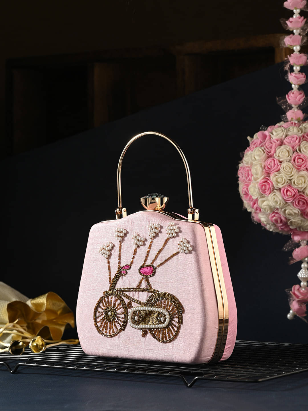     			Tooba Handicraft Pink Fabric Box Clutch