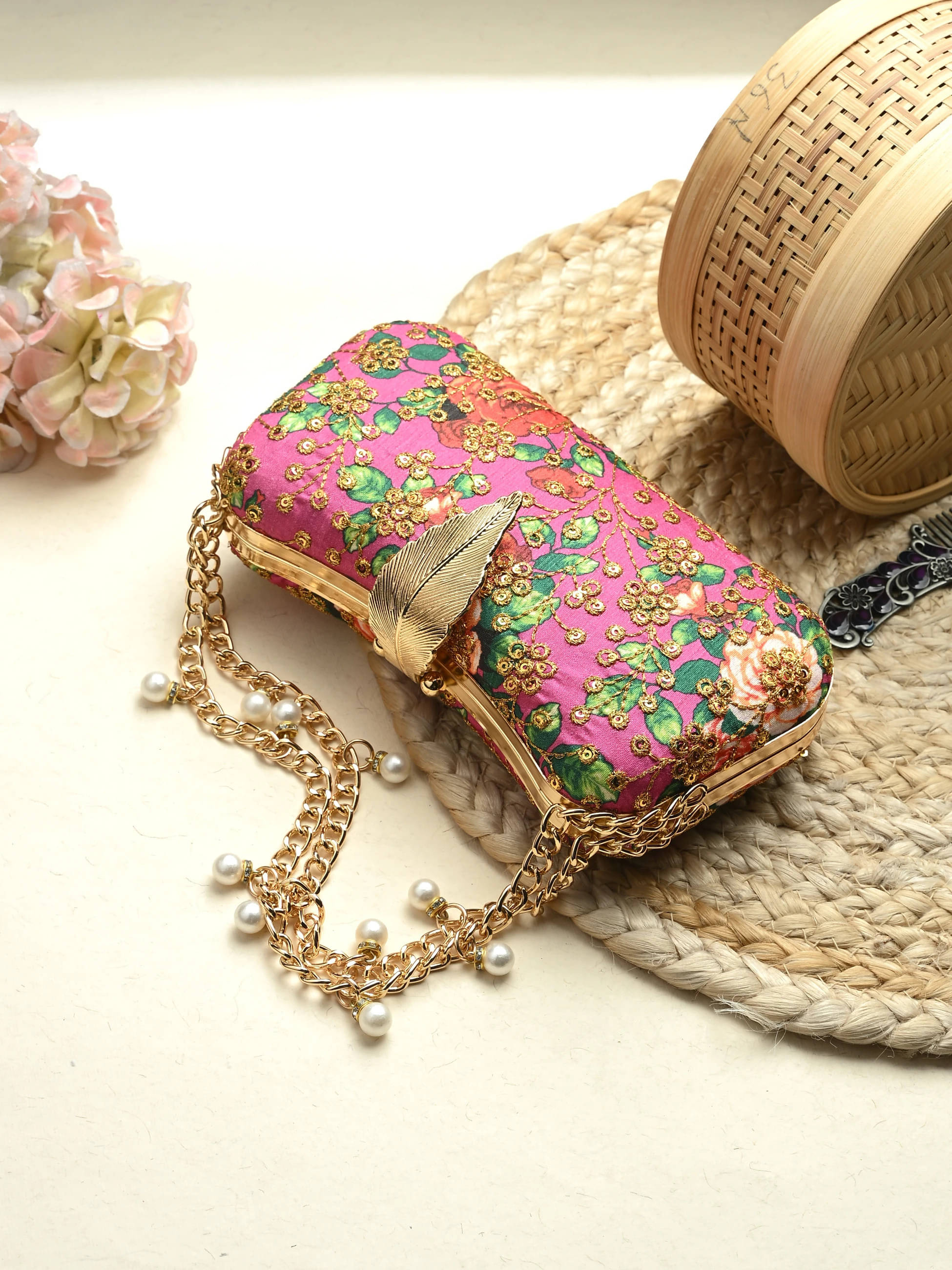     			Tooba Handicraft Pink Fabric Box Clutch