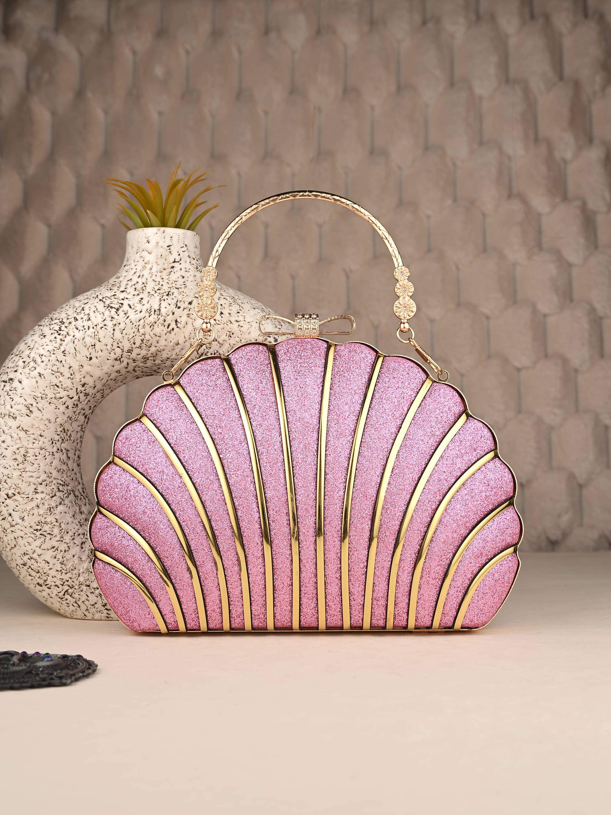     			Tooba Handicraft Pink Fabric Box Clutch