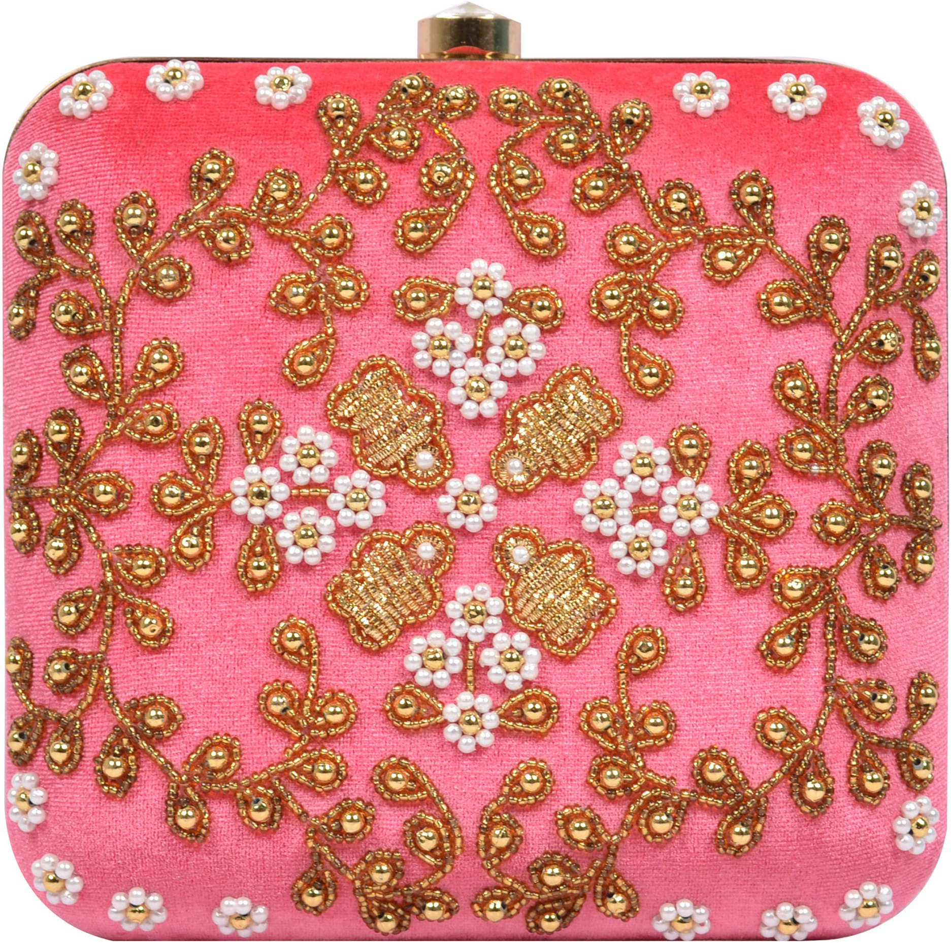     			Tooba Handicraft Pink Fabric Box Clutch