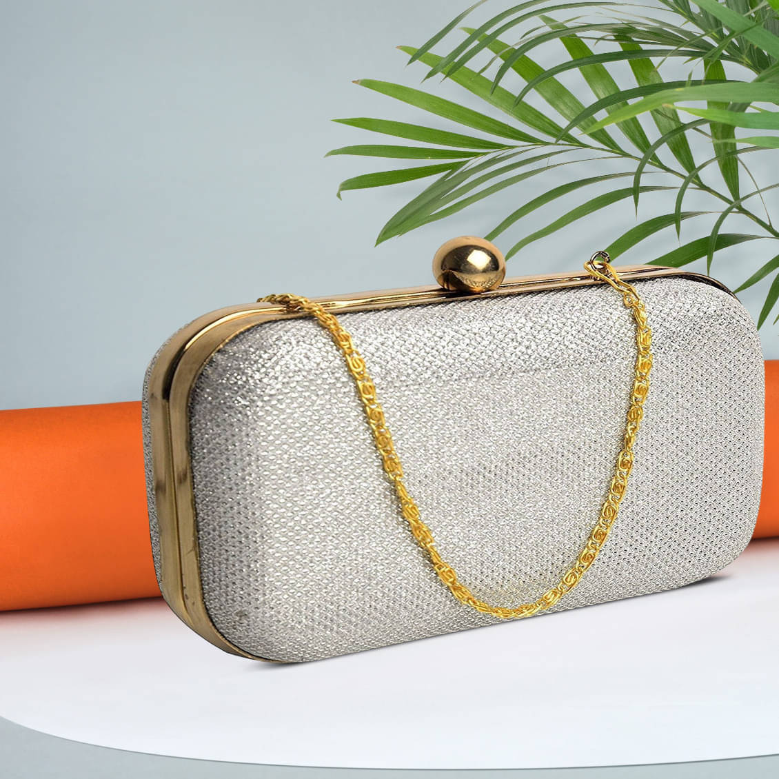     			Tooba Handicraft Silver Fabric Box Clutch
